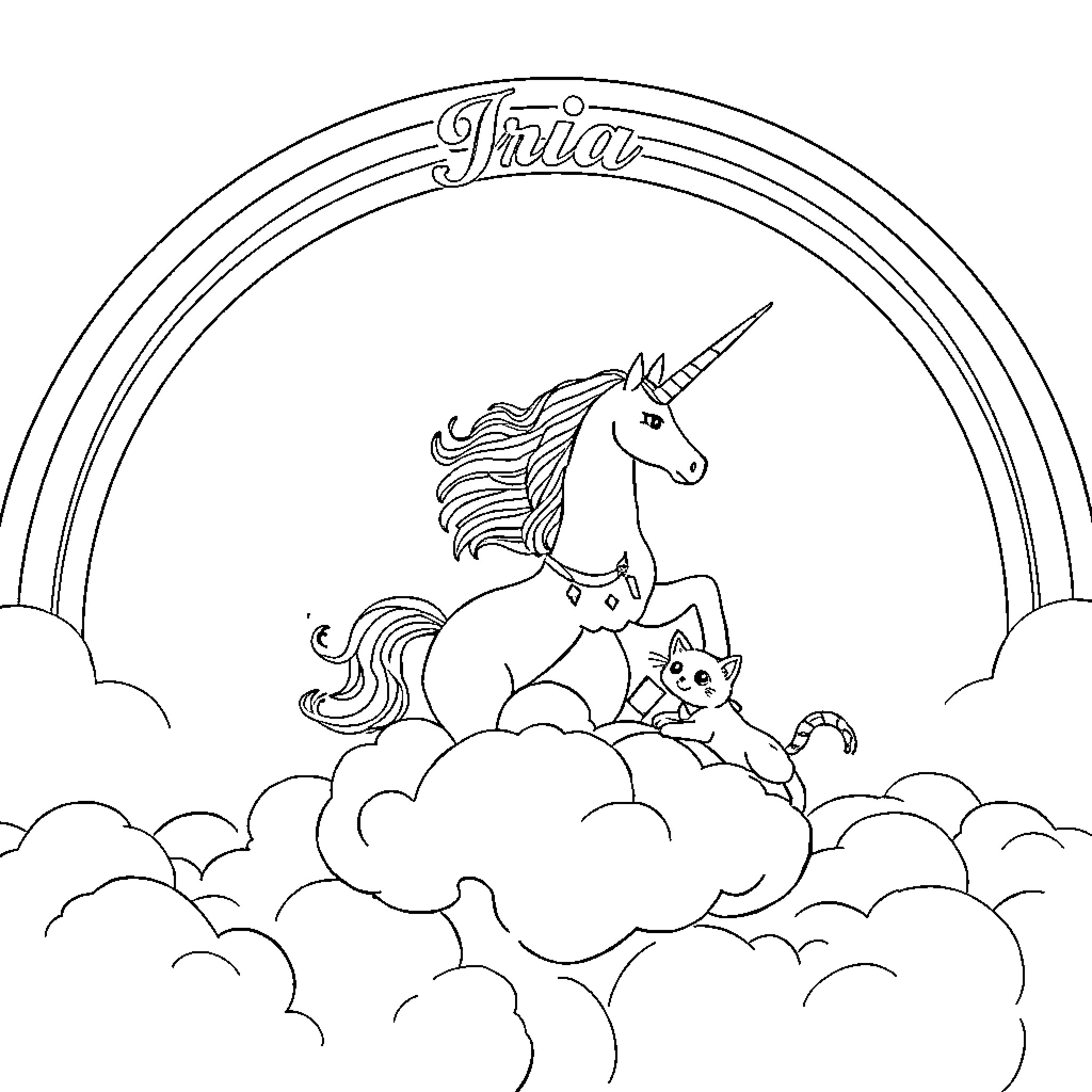 Unicorn and cat playing in the clouds Coloring Page (free black-and-white line drawing printable PDF for all, from beginners to advanced learners, including children, teens, adults, and seniors)