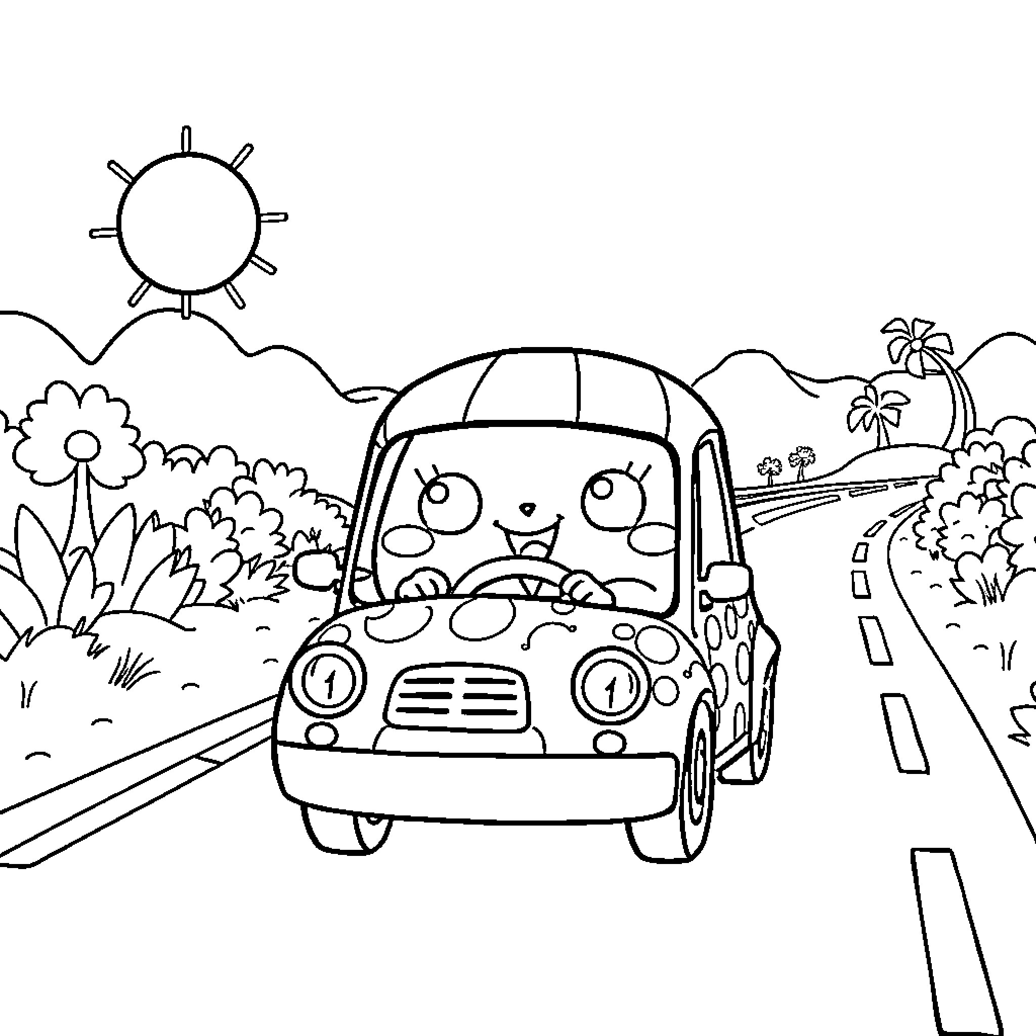 Labubu's joyful drive through a scenic landscape Coloring Page (free black-and-white line drawing printable PDF for all, from beginners to advanced learners, including children, teens, adults, and seniors)