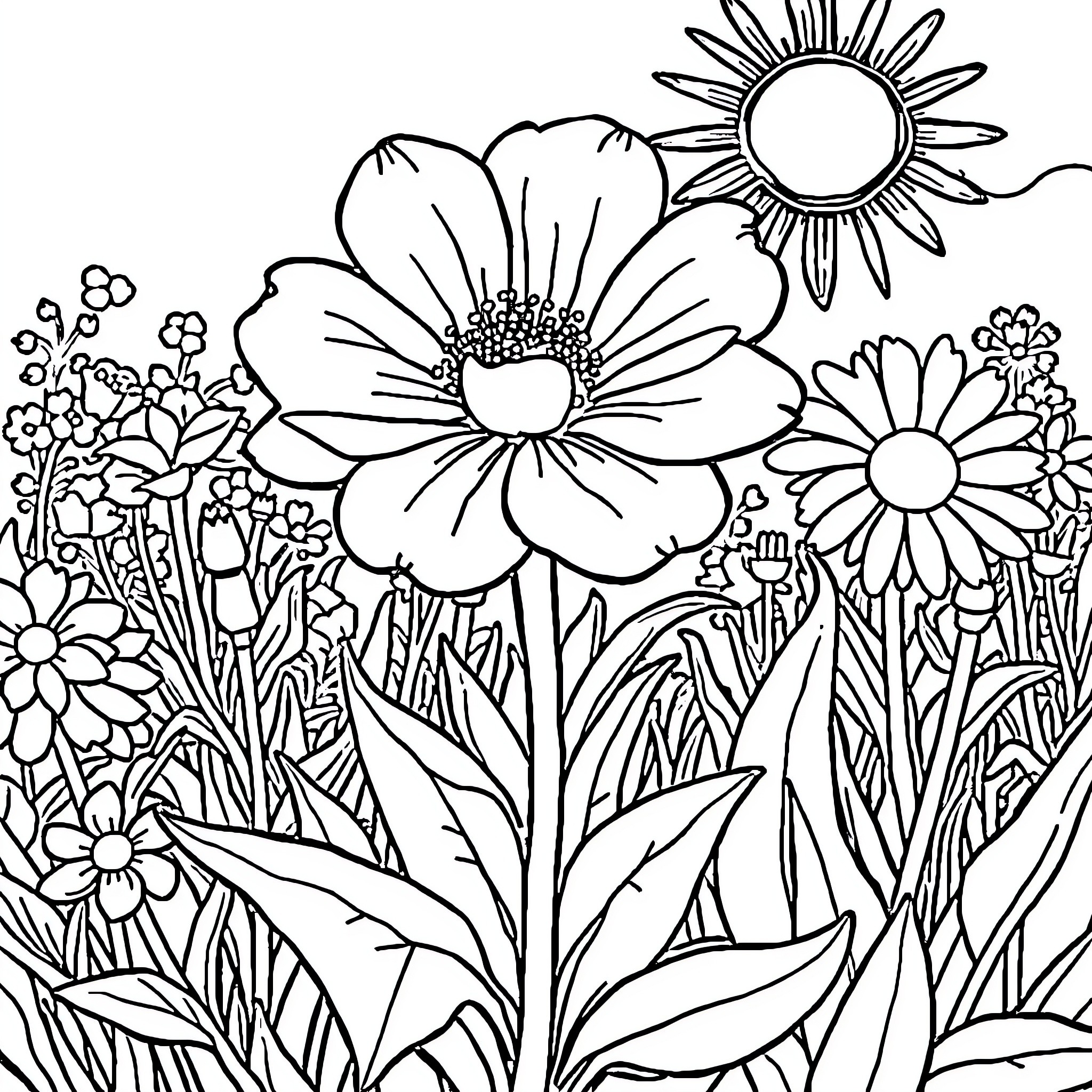 Flower Garden Filled with Vibrant Blooms Coloring Page (free black-and-white line drawing printable PDF for all, from beginners to advanced learners, including children, teens, adults, and seniors)