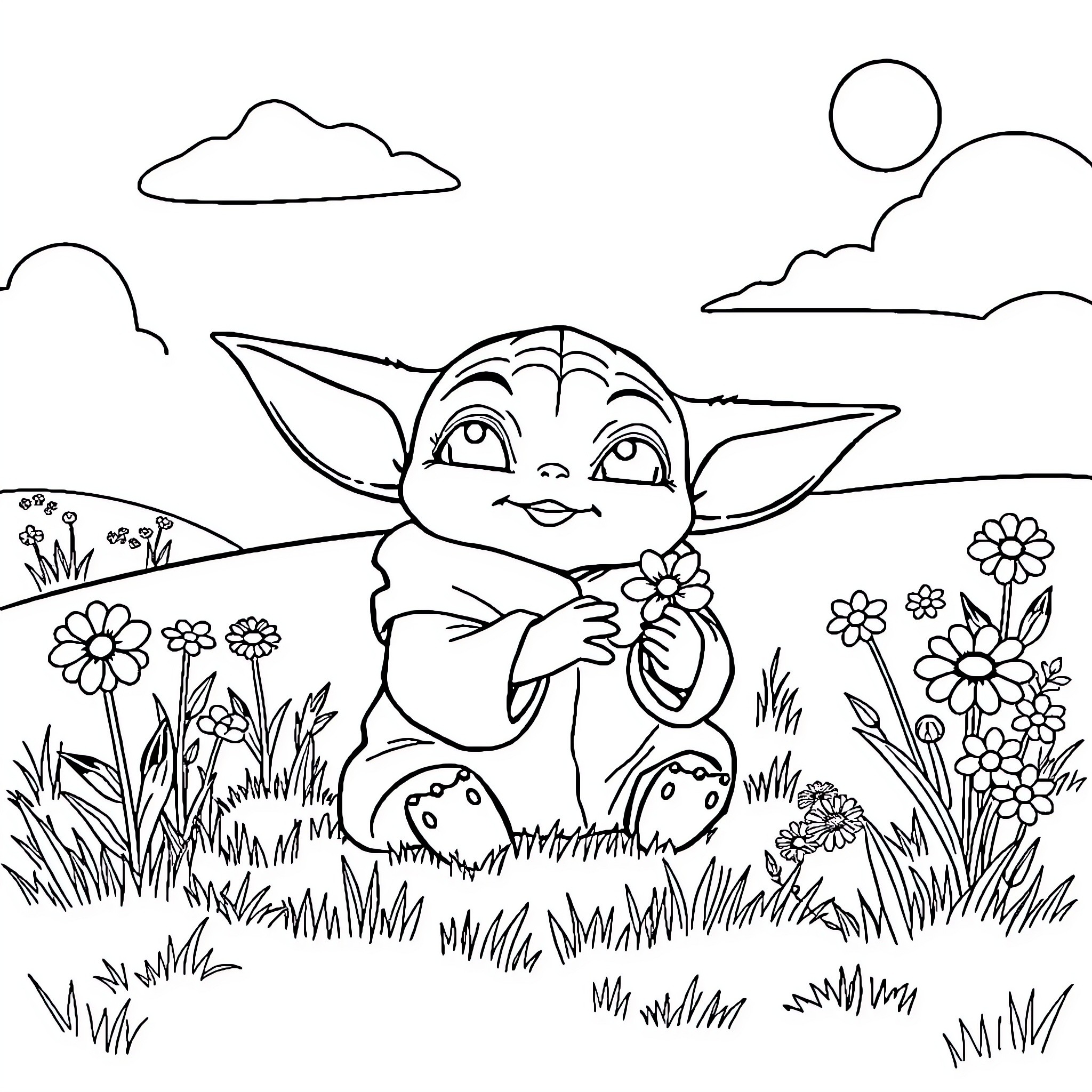 Baby Yoda surrounded by flowers in a serene landscape Coloring Page (free black-and-white line drawing printable PDF for all, from beginners to advanced learners, including children, teens, adults, and seniors)