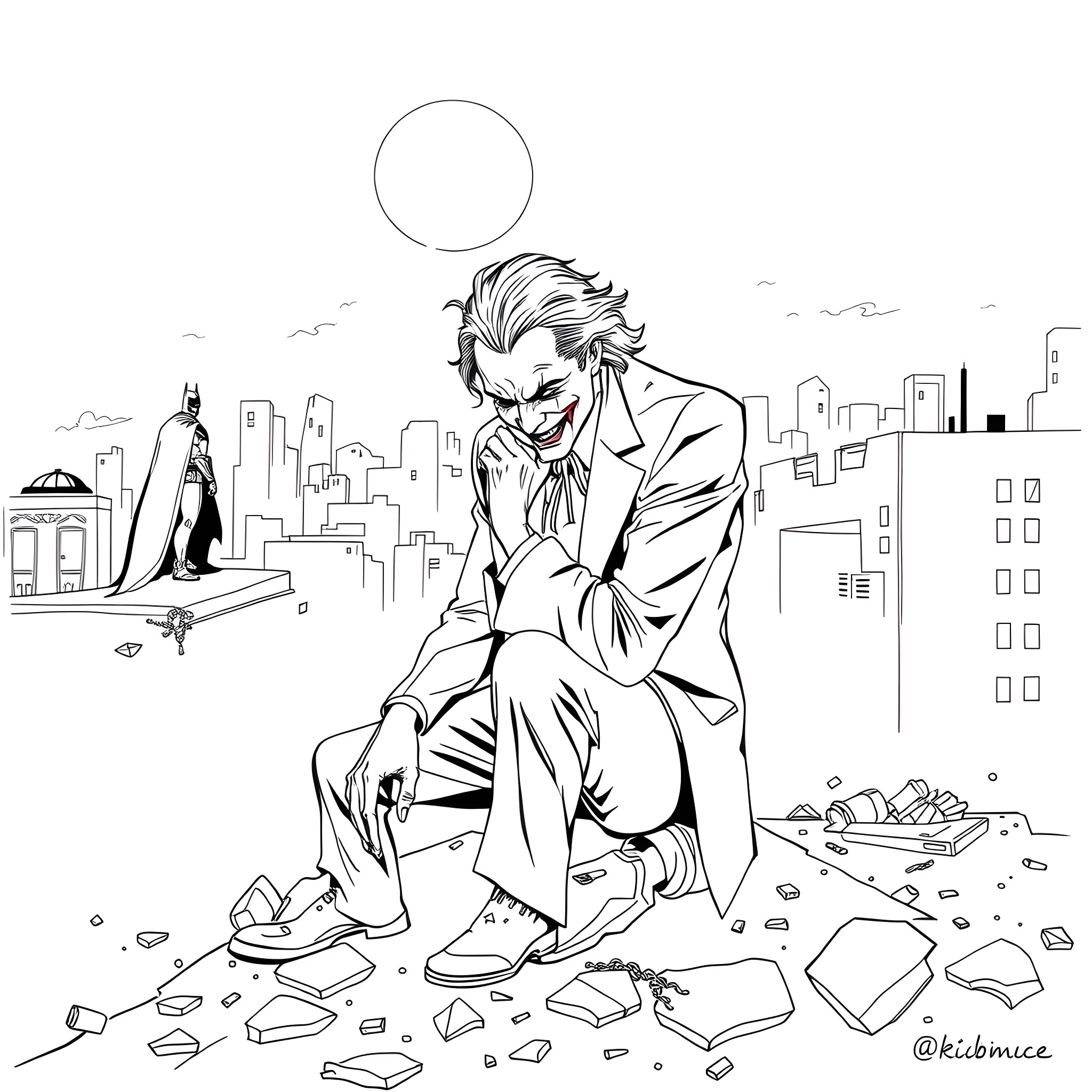 Joker's Mischievous Mayhem in the City Coloring Page (free black-and-white line drawing printable PDF for all, from beginners to advanced learners, including children, teens, adults, and seniors)