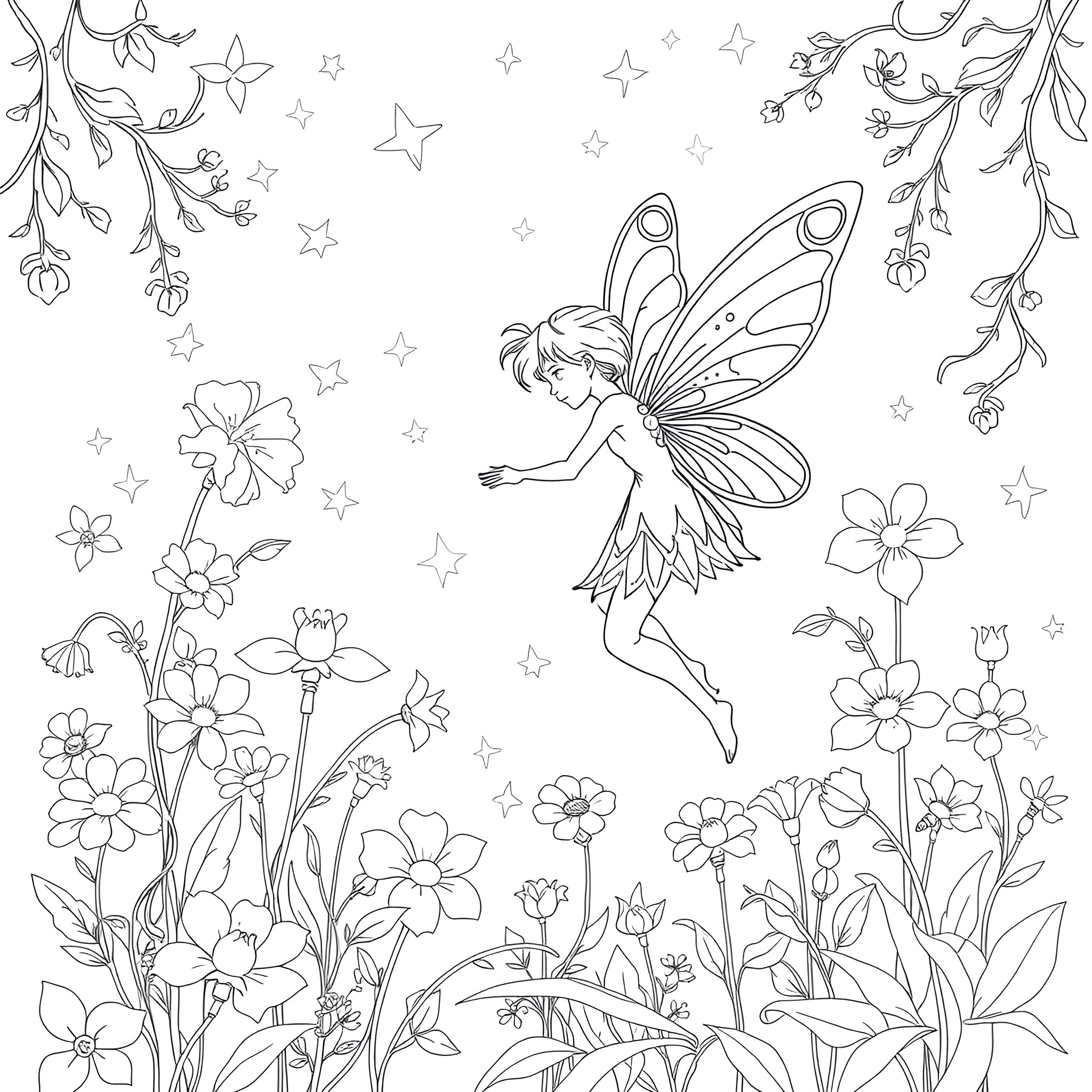 Fairy playing amidst whimsical floral scenes Coloring Page (free black-and-white line drawing printable PDF for all, from beginners to advanced learners, including children, teens, adults, and seniors)