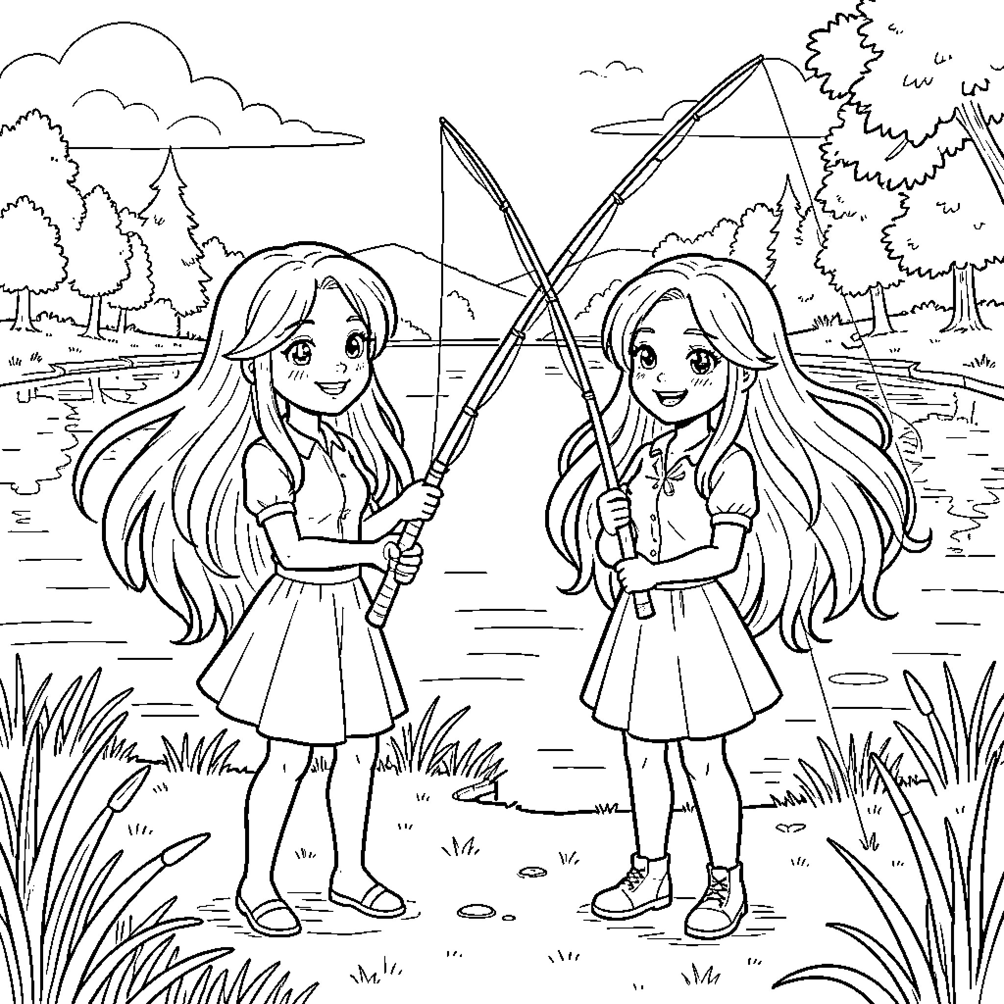 Twin Girls Enjoying Outdoor Adventure with Fishing Rods Coloring Page (free black-and-white line drawing printable PDF for all, from beginners to advanced learners, including children, teens, adults, and seniors)