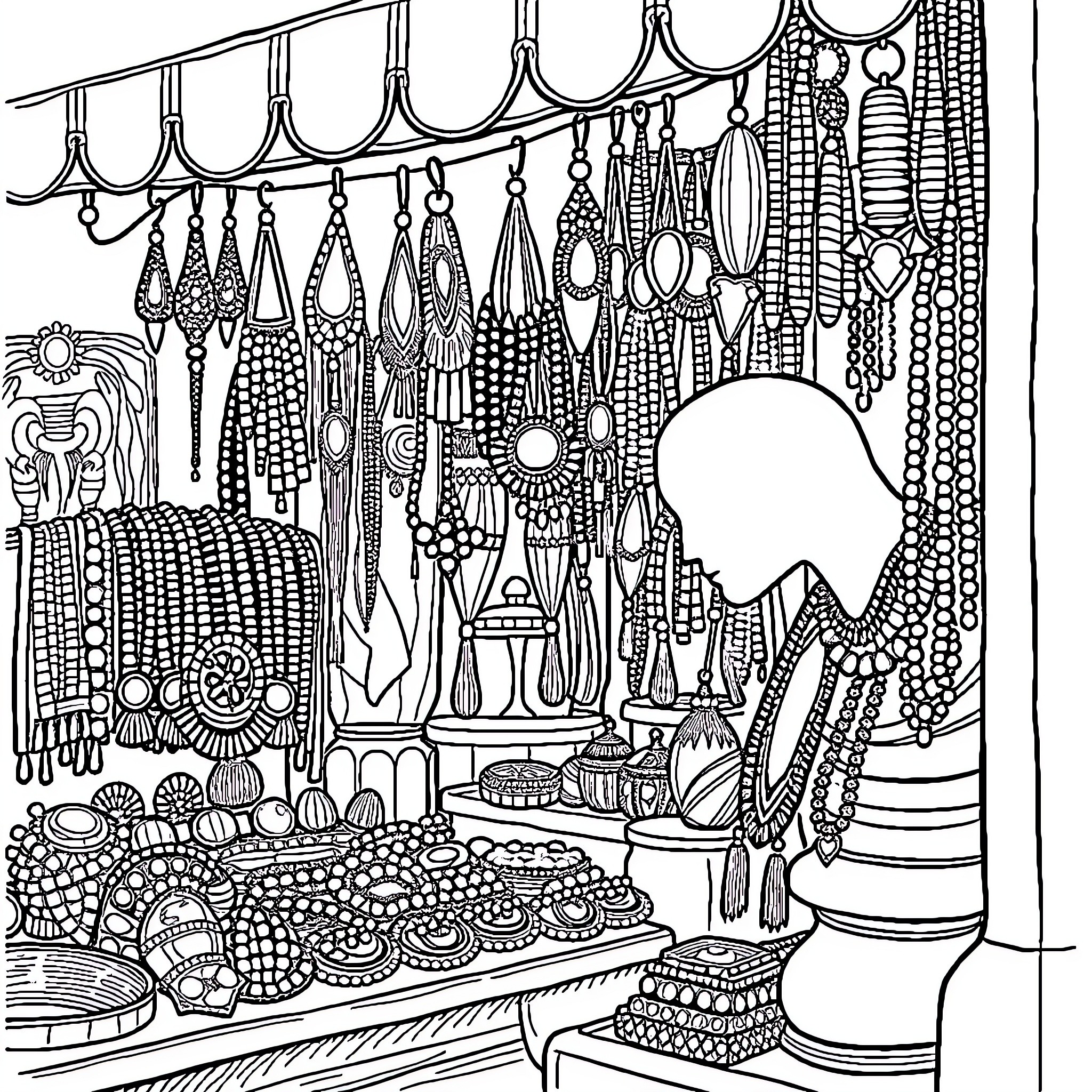 Jewelry Shop Displaying a Vibrant Collection Coloring Page (free black-and-white line drawing printable PDF for all, from beginners to advanced learners, including children, teens, adults, and seniors)