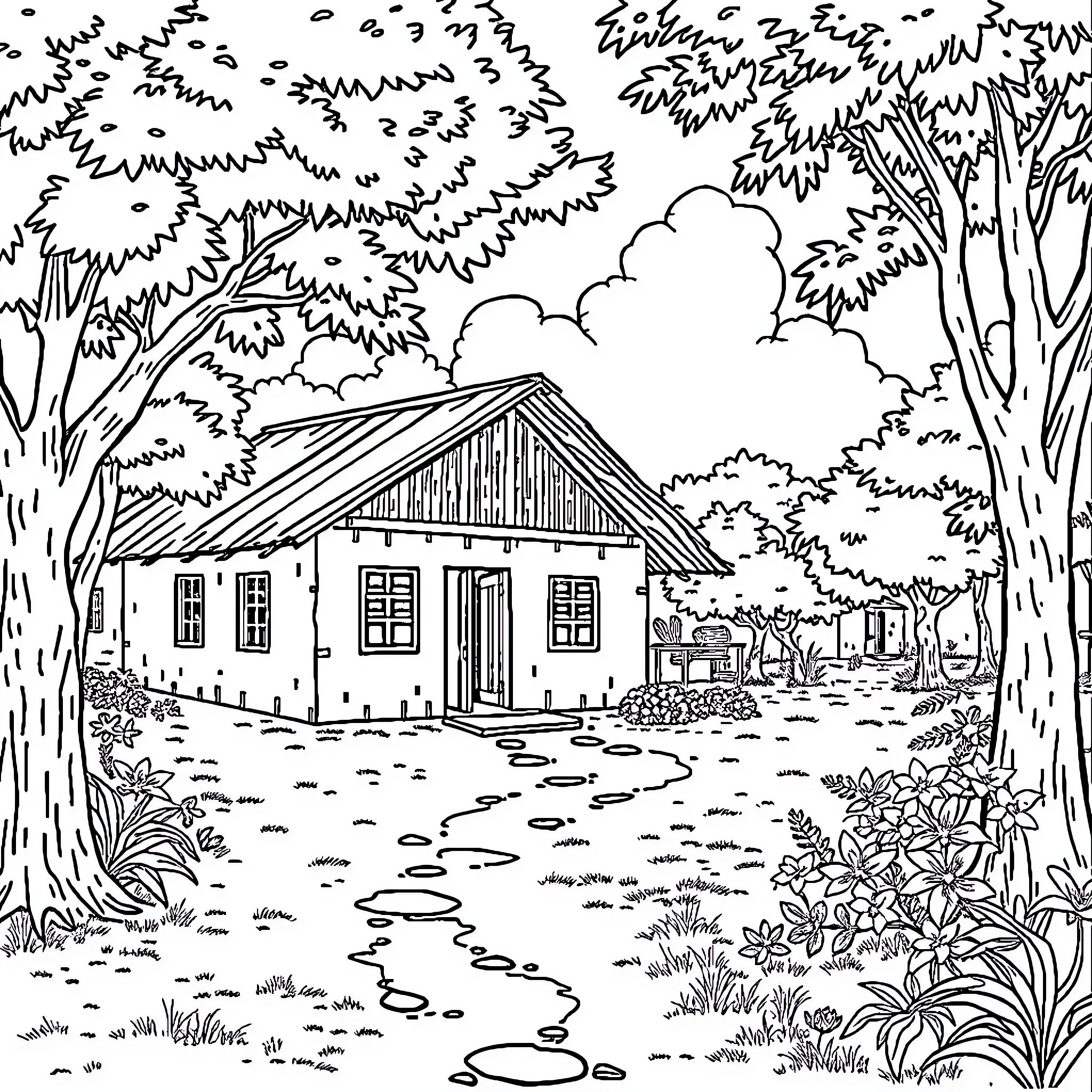 School Cottage in Peaceful Forest Landscape Coloring Page (free black-and-white line drawing printable PDF for all, from beginners to advanced learners, including children, teens, adults, and seniors)