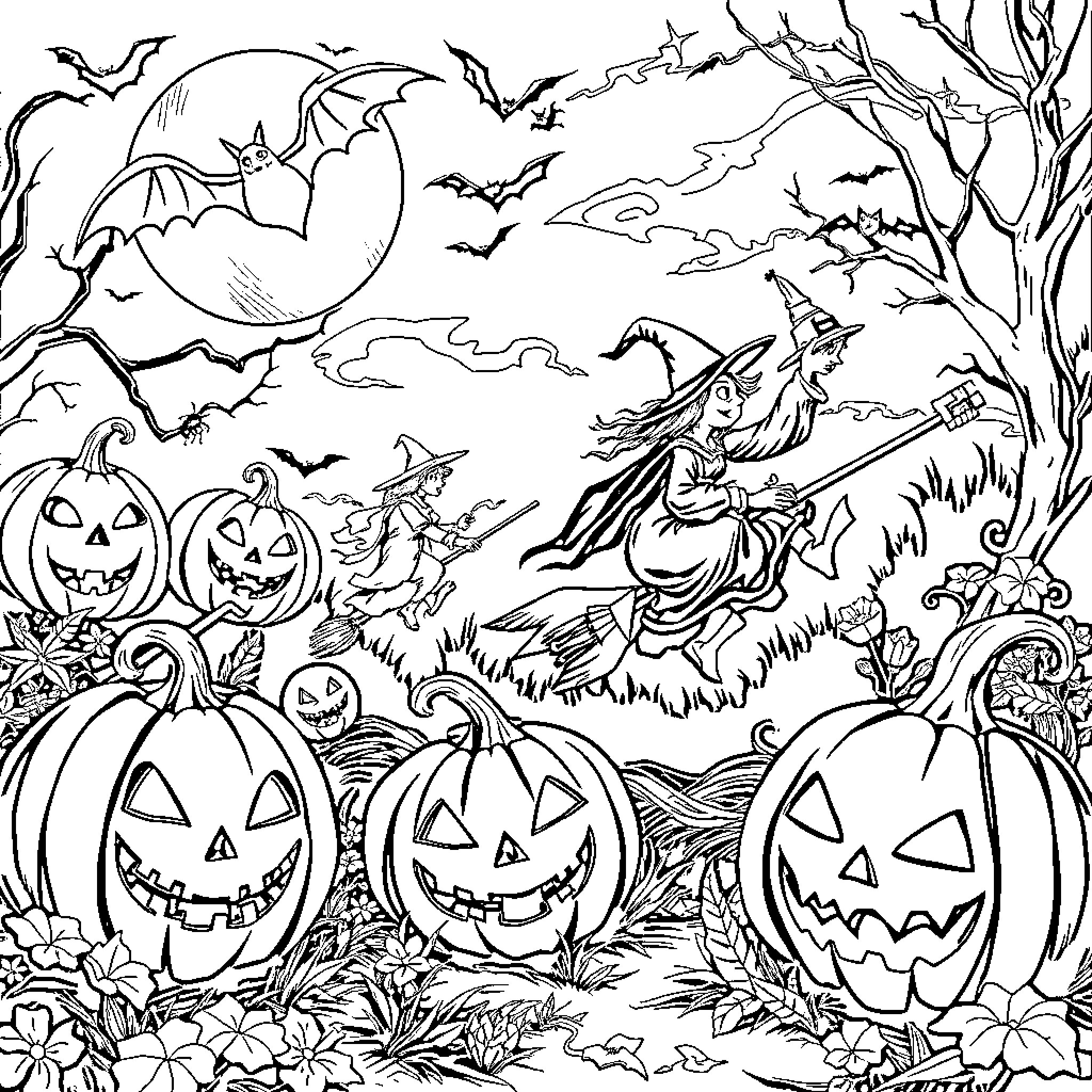 Pumpkin Patch with Playful Witches and Bats Coloring Page (free black-and-white line drawing printable PDF for all, from beginners to advanced learners, including children, teens, adults, and seniors)