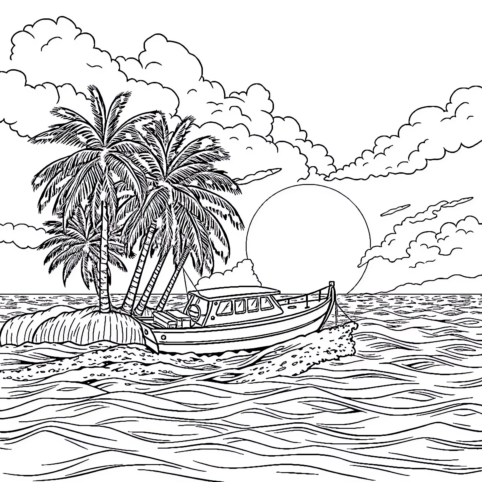 Barco sailing on tranquil seas near tropical island Coloring Page (free black-and-white line drawing printable PDF for all, from beginners to advanced learners, including children, teens, adults, and seniors)