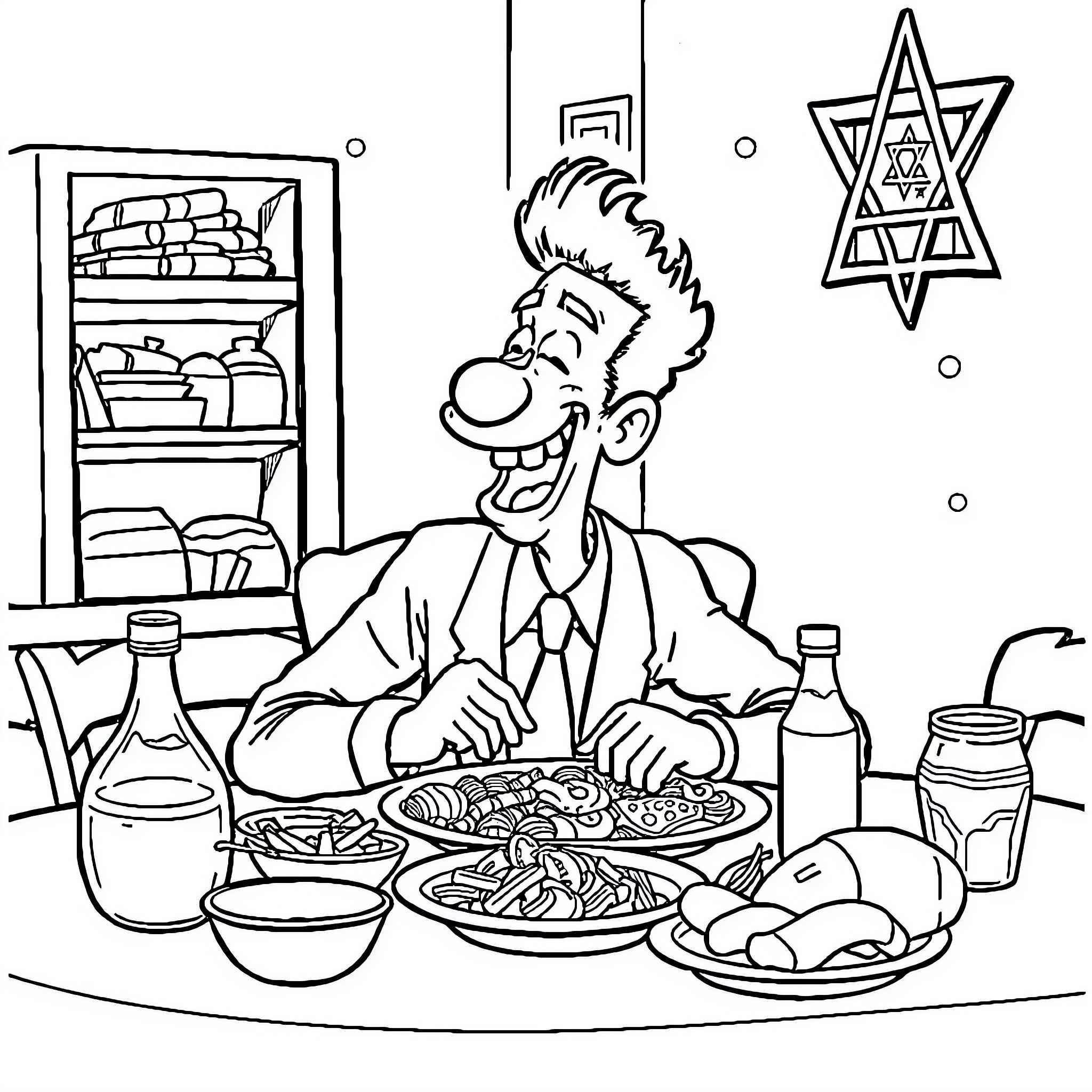 Borat enjoying a meal with traditional Jewish symbols Coloring Page (free black-and-white line drawing printable PDF for all, from beginners to advanced learners, including children, teens, adults, and seniors)