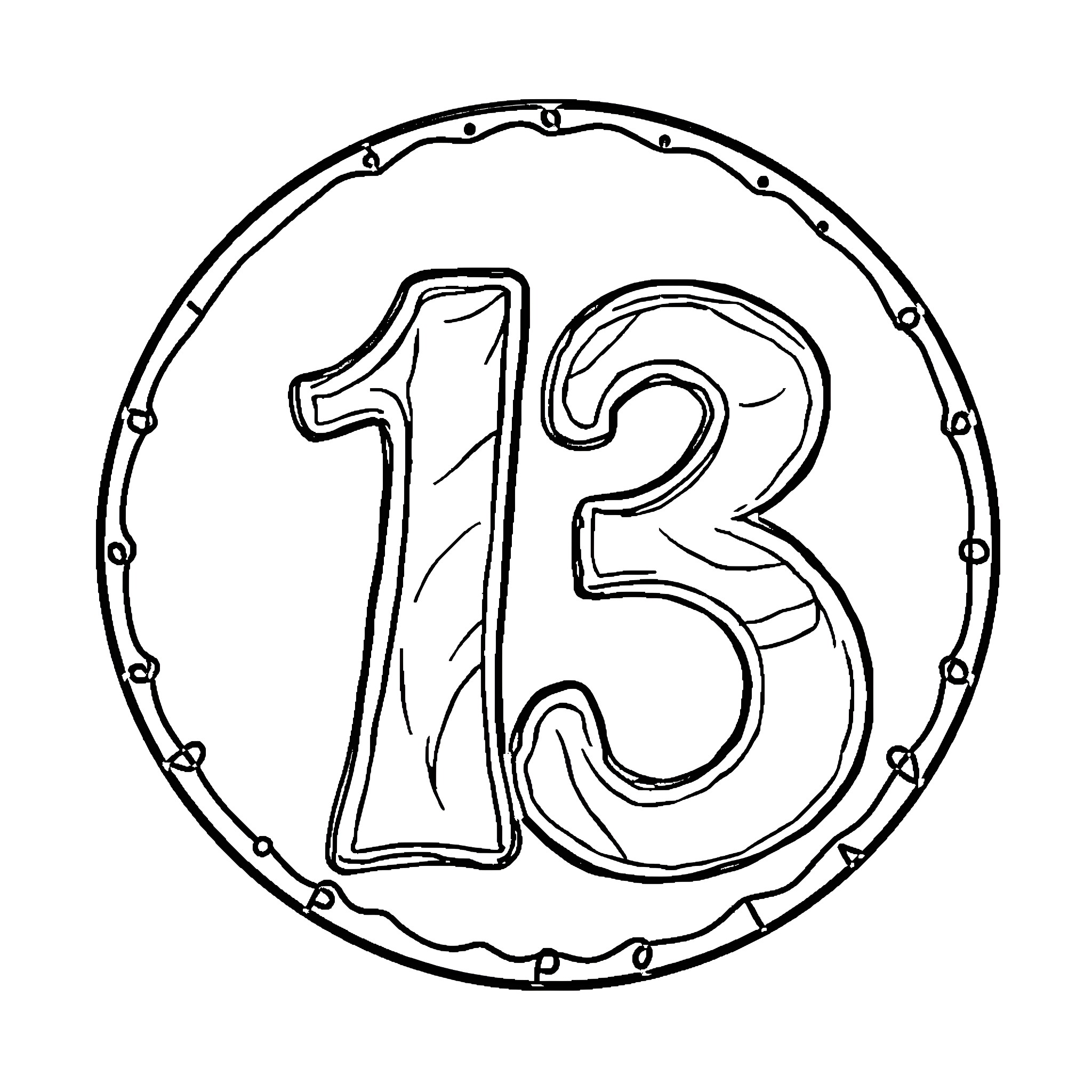 Number 13 Ornate Design Coloring Page (free black-and-white line drawing printable PDF for all, from beginners to advanced learners, including children, teens, adults, and seniors)