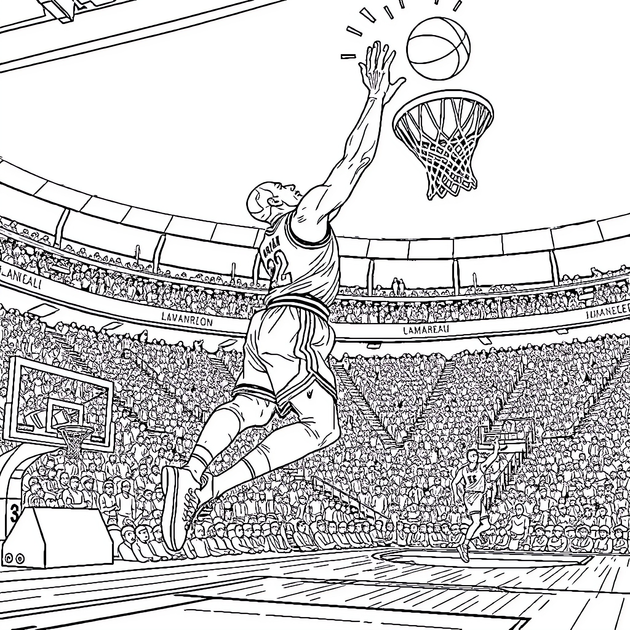 Michael Jordan Dunking in Basketball Arena Coloring Page (free black-and-white line drawing printable PDF for all, from beginners to advanced learners, including children, teens, adults, and seniors)
