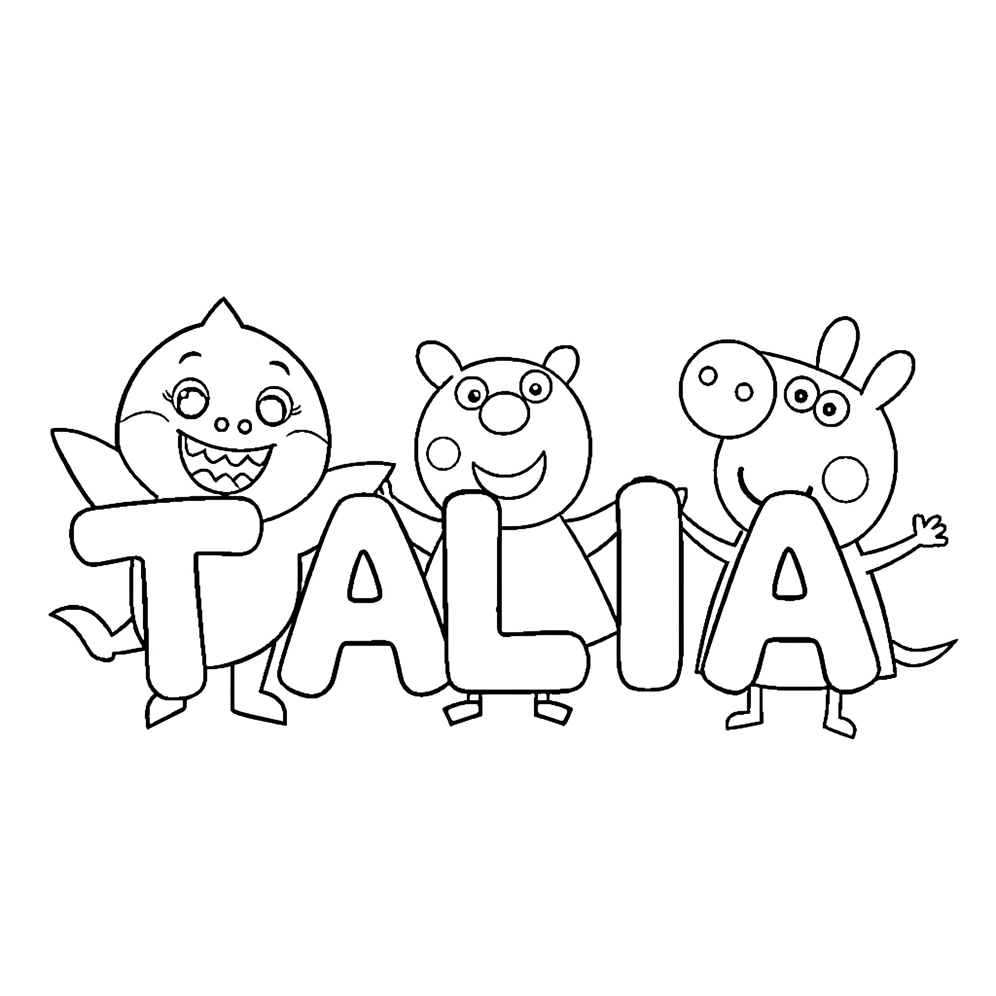 Shark-themed characters in a cartoon style Coloring Page (free black-and-white line drawing printable PDF for all, from beginners to advanced learners, including children, teens, adults, and seniors)
