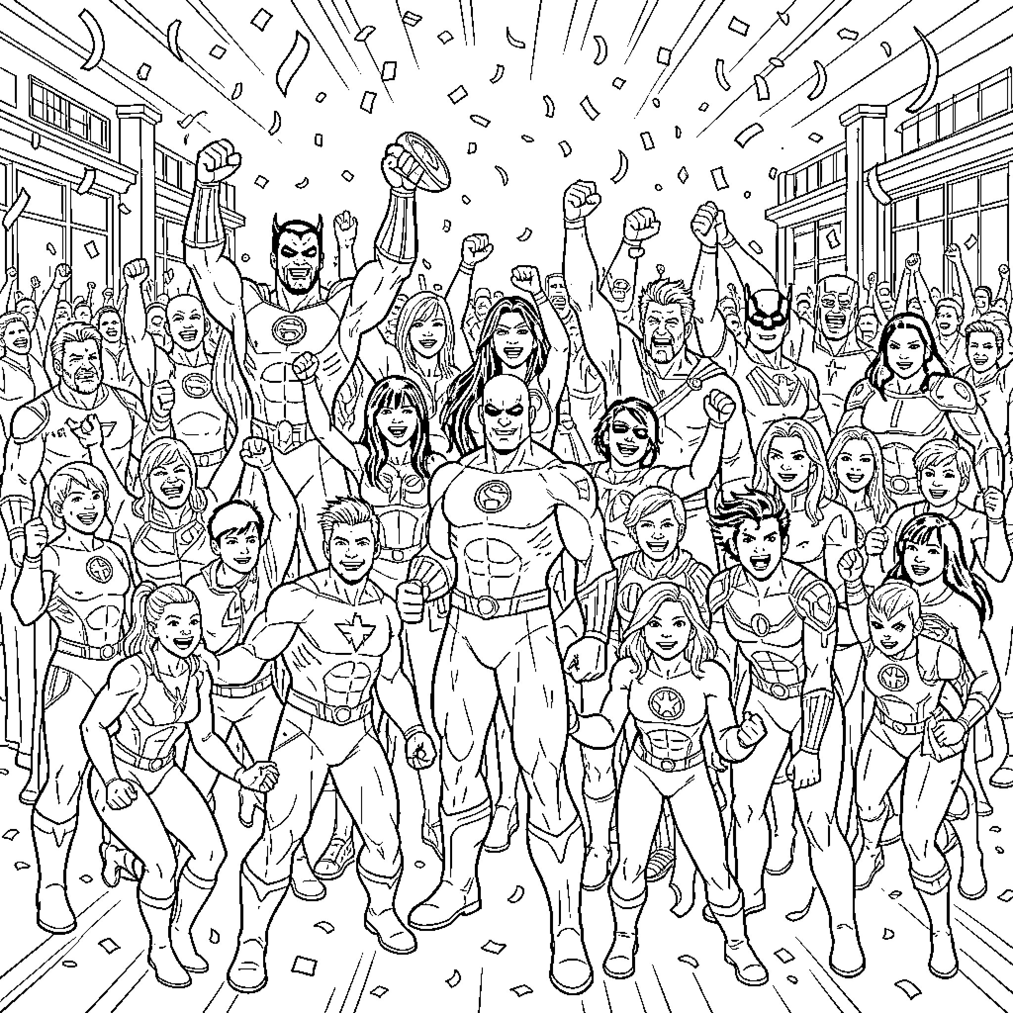 Marvel Characters celebrating joyfully in a large group scene Coloring Page (free black-and-white line drawing printable PDF for all, from beginners to advanced learners, including children, teens, adults, and seniors)