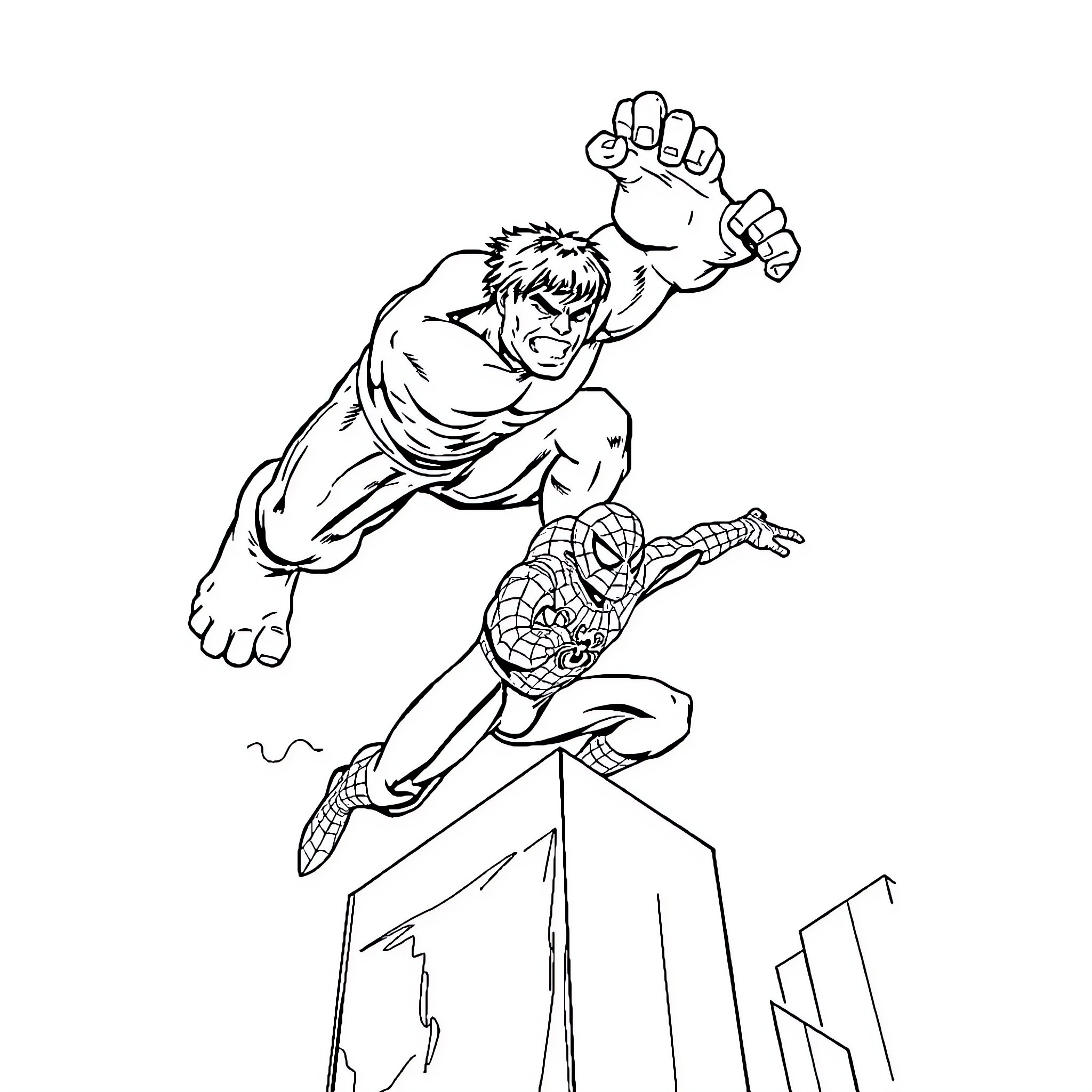 Hulk battling heroically with Spider-Man in the city Coloring Page (free black-and-white line drawing printable PDF for all, from beginners to advanced learners, including children, teens, adults, and seniors)