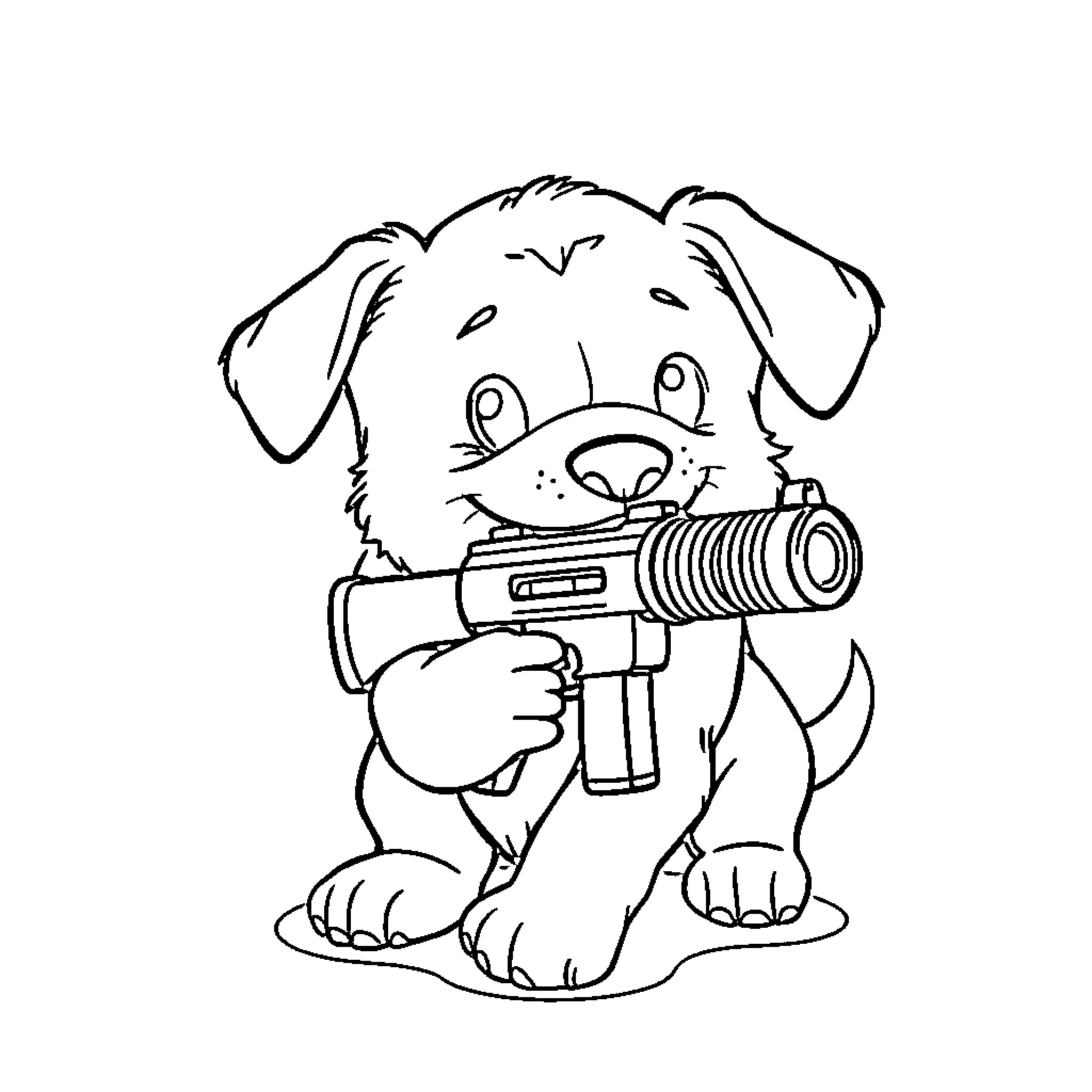 Puppy playing with toy laser gun Coloring Page (free black-and-white line drawing printable PDF for all, from beginners to advanced learners, including children, teens, adults, and seniors)