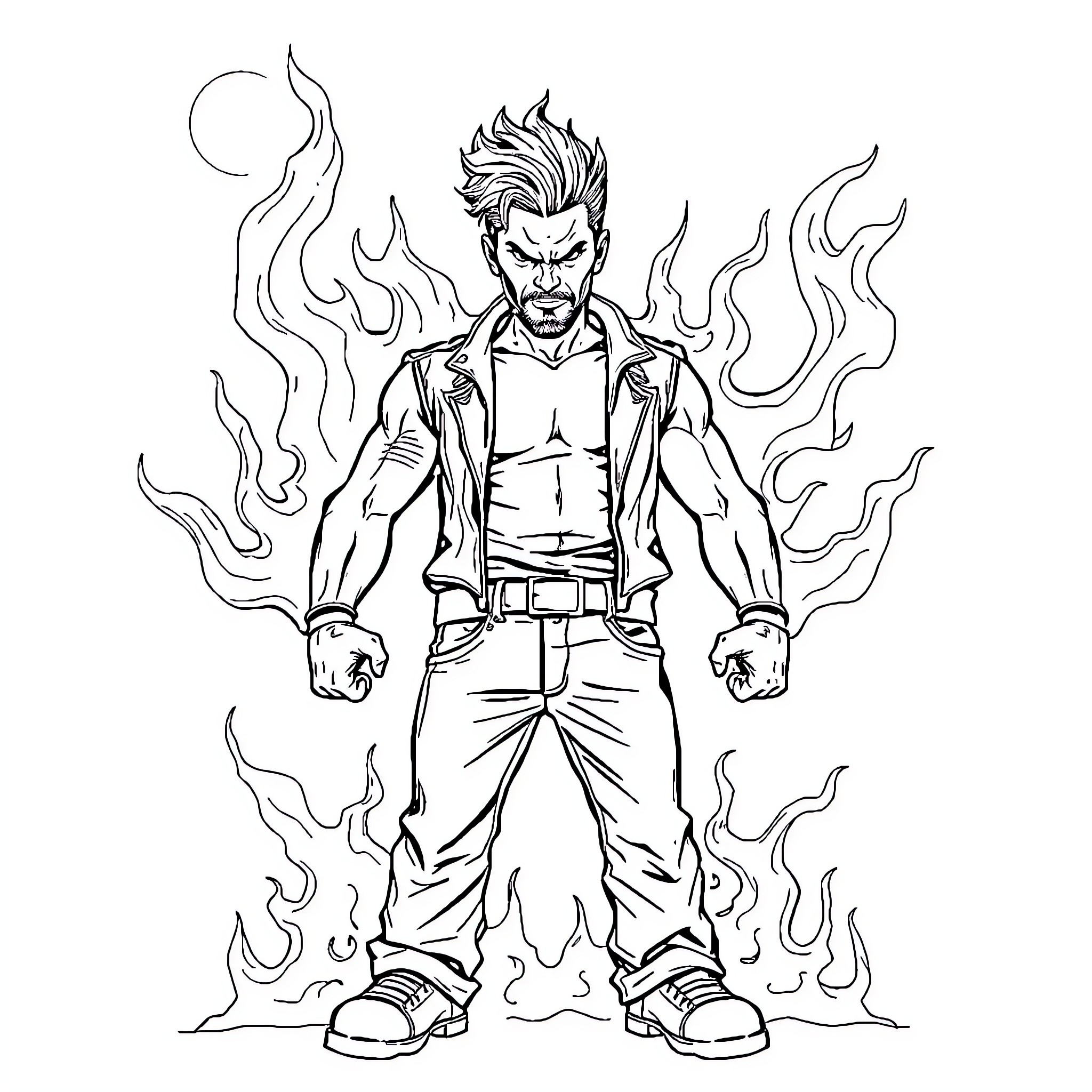 Chris Hanson confronting a dangerous individual amidst fiery flames Coloring Page (free black-and-white line drawing printable PDF for all, from beginners to advanced learners, including children, teens, adults, and seniors)