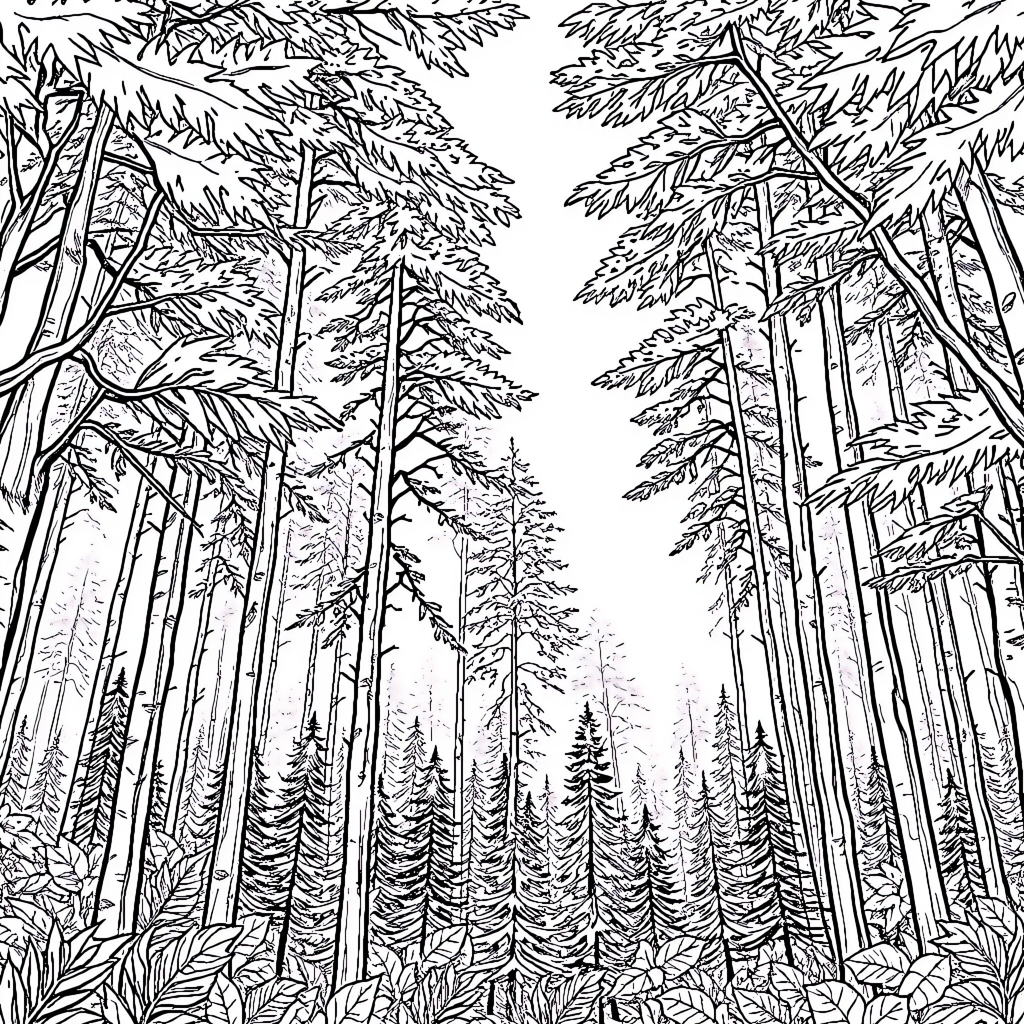 Forest of Towering Evergreens Coloring Page (free black-and-white line drawing printable PDF for all, from beginners to advanced learners, including children, teens, adults, and seniors)