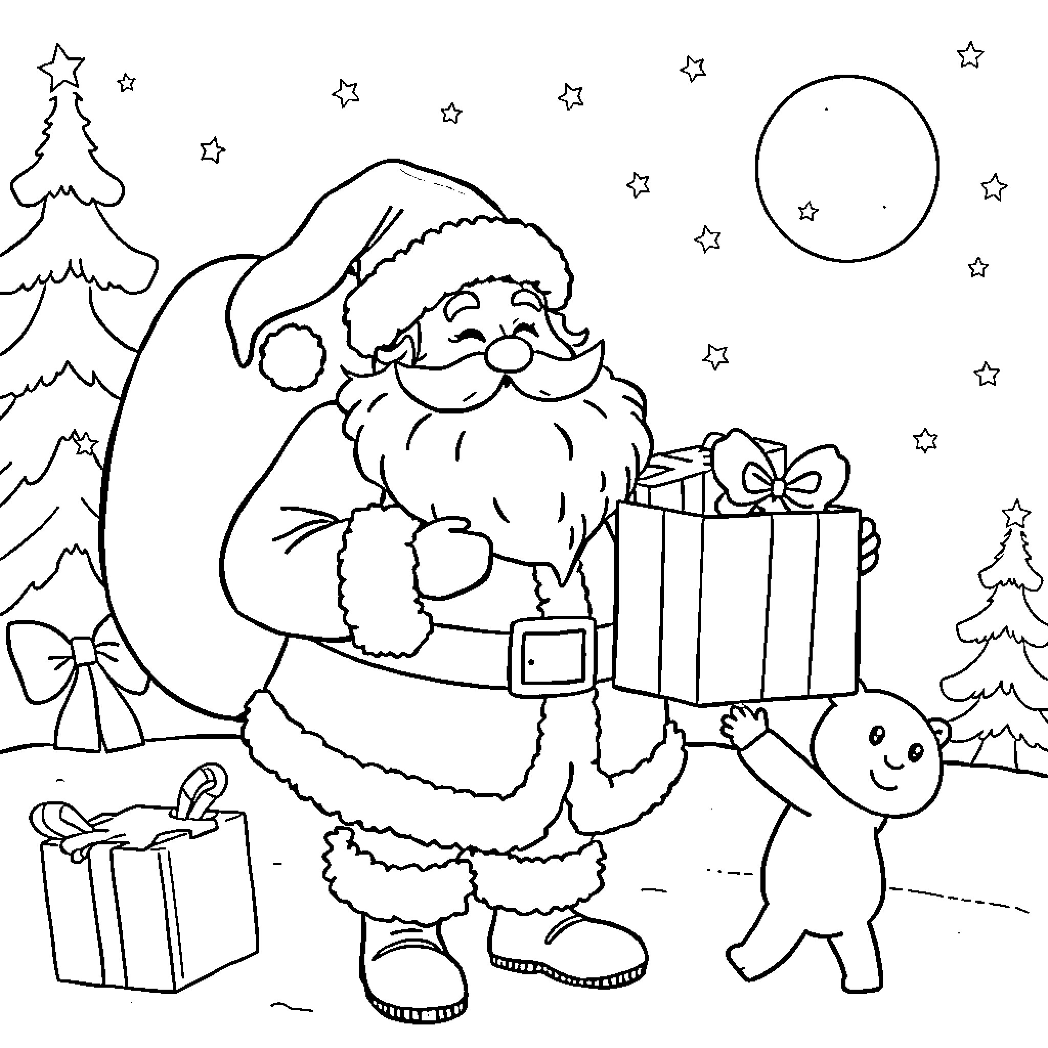 Santa delivering gifts with cute animal companion Coloring Page (free black-and-white line drawing printable PDF for all, from beginners to advanced learners, including children, teens, adults, and seniors)
