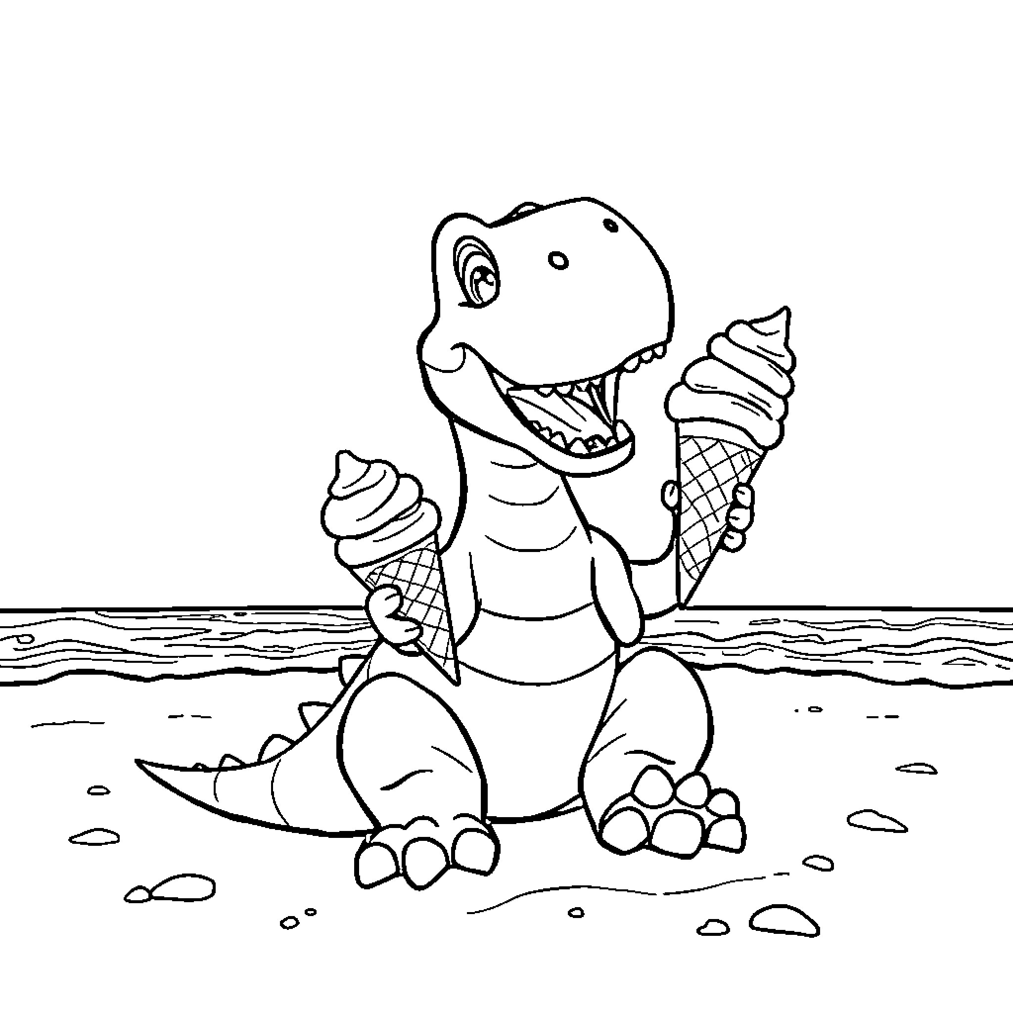 Dinosaur enjoying an ice cream treat at the beach Coloring Page (free black-and-white line drawing printable PDF for all, from beginners to advanced learners, including children, teens, adults, and seniors)