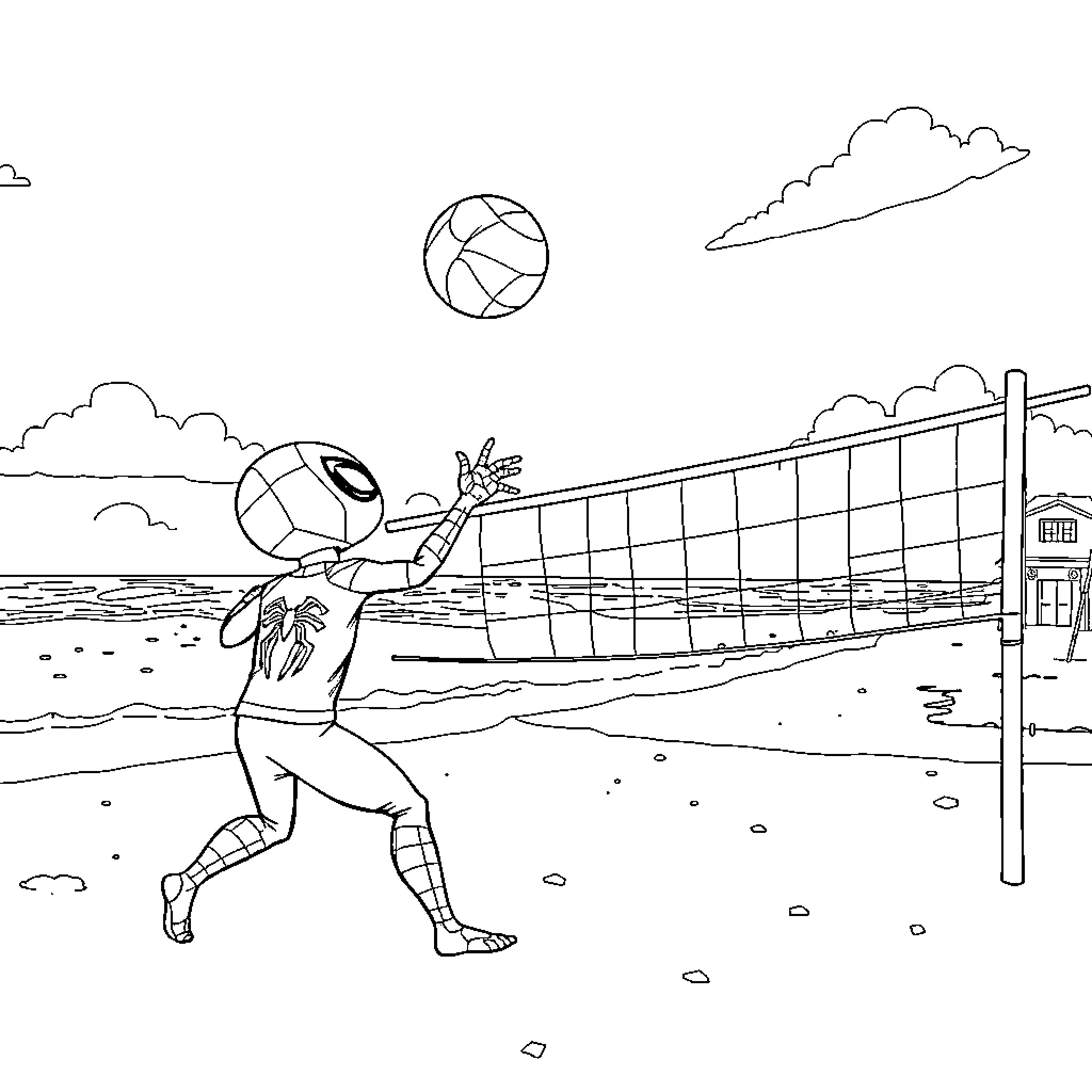 Nemo playing beach volleyball with friends Coloring Page (free black-and-white line drawing printable PDF for all, from beginners to advanced learners, including children, teens, adults, and seniors)