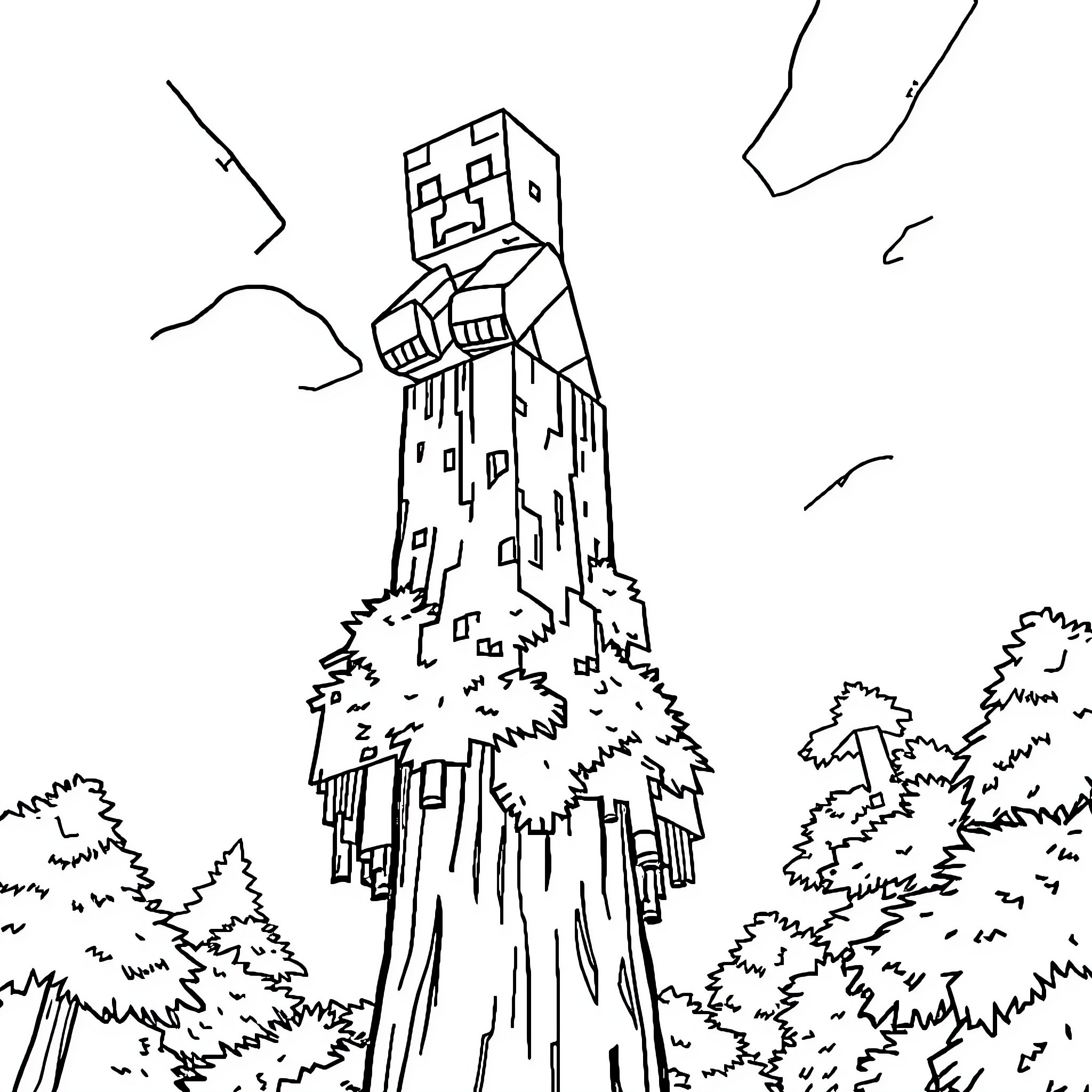 Creeper exploring the mysterious forest landscape Coloring Page (free black-and-white line drawing printable PDF for all, from beginners to advanced learners, including children, teens, adults, and seniors)