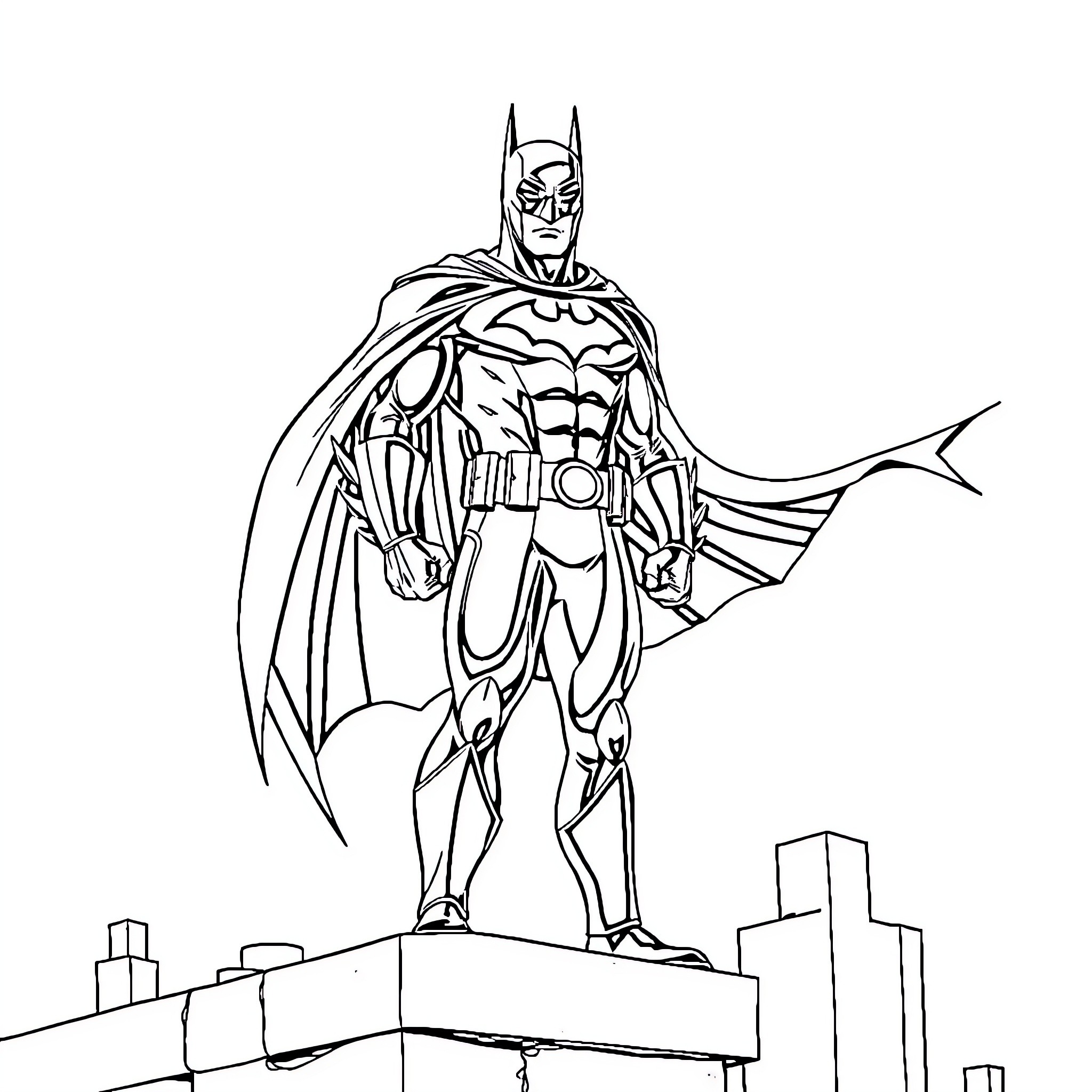Batman standing heroically on city skyline Coloring Page (free black-and-white line drawing printable PDF for all, from beginners to advanced learners, including children, teens, adults, and seniors)