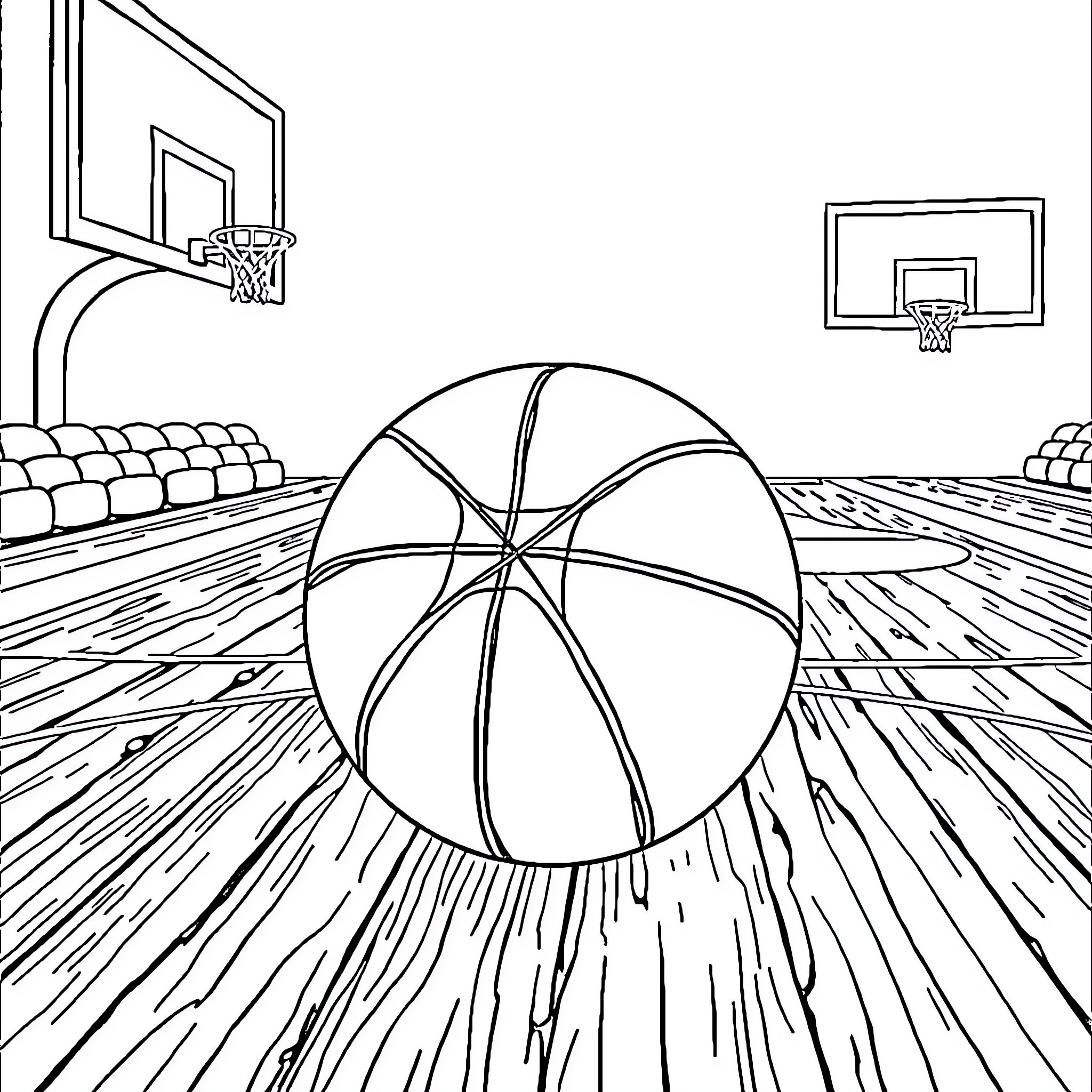 Basketball players in action on the court Coloring Page (free black-and-white line drawing printable PDF for all, from beginners to advanced learners, including children, teens, adults, and seniors)