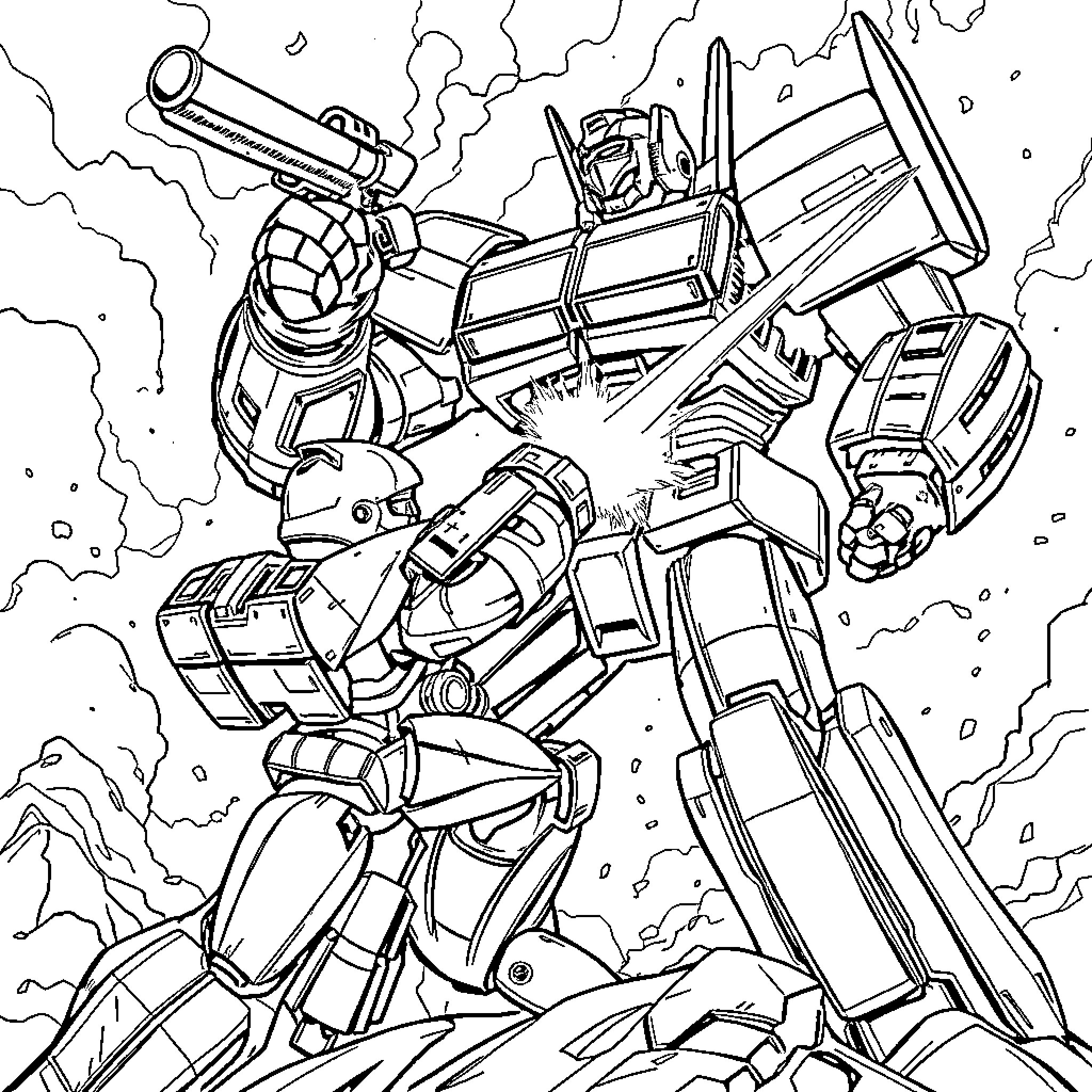 Samus Aran's Mecha Suit in Heroic Battle Coloring Page (free black-and-white line drawing printable PDF for all, from beginners to advanced learners, including children, teens, adults, and seniors)