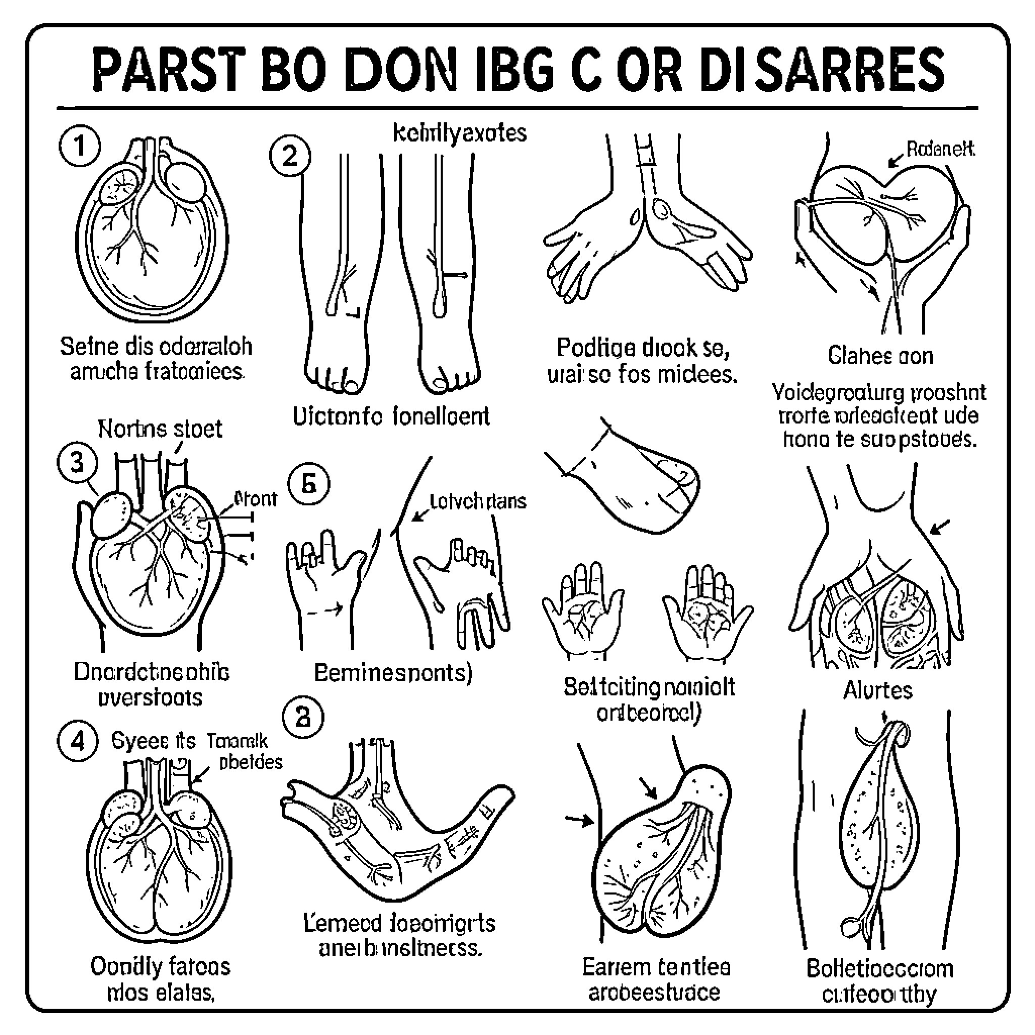 Anatomy diagrams of various human organ systems and limbs Coloring Page (free black-and-white line drawing printable PDF for all, from beginners to advanced learners, including children, teens, adults, and seniors)