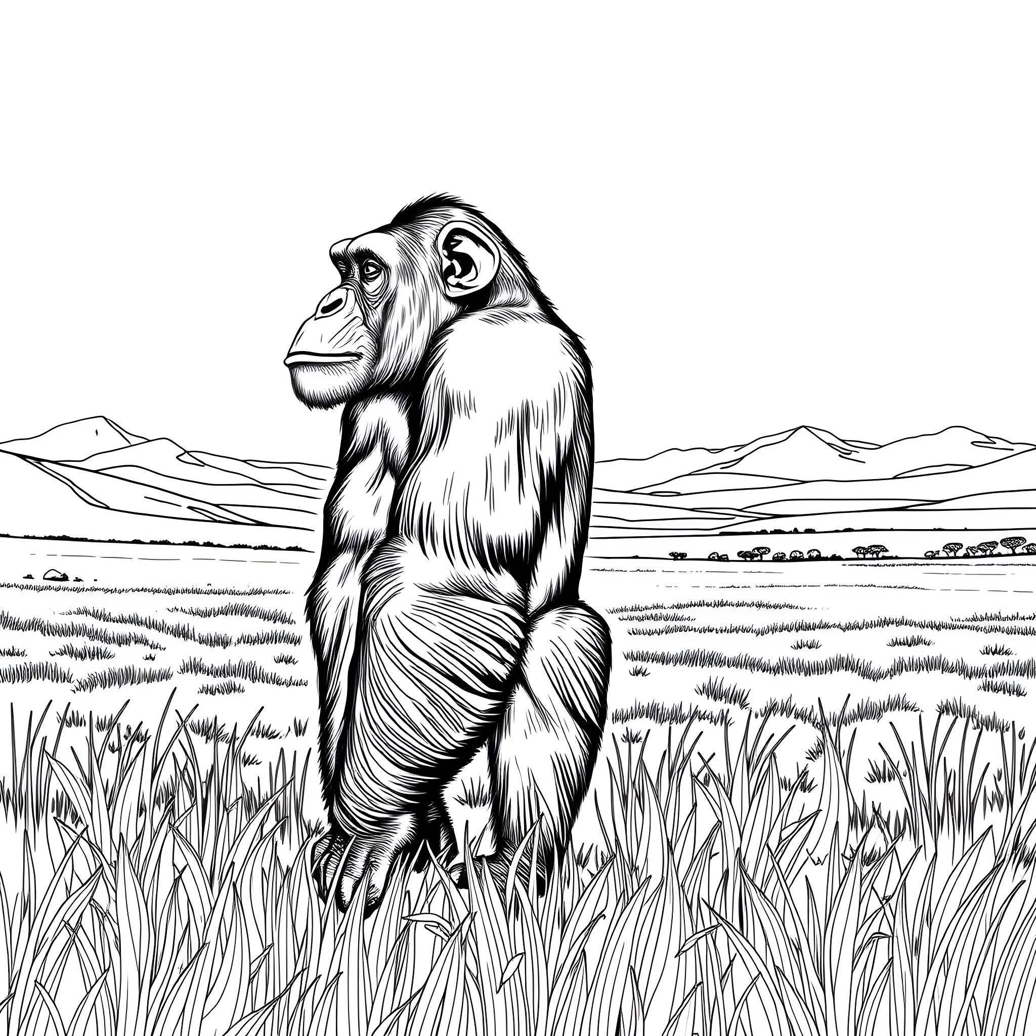 Chimpanzee standing in a grassy field with mountains in the background Coloring Page (free black-and-white line drawing printable PDF for all, from beginners to advanced learners, including children, teens, adults, and seniors)