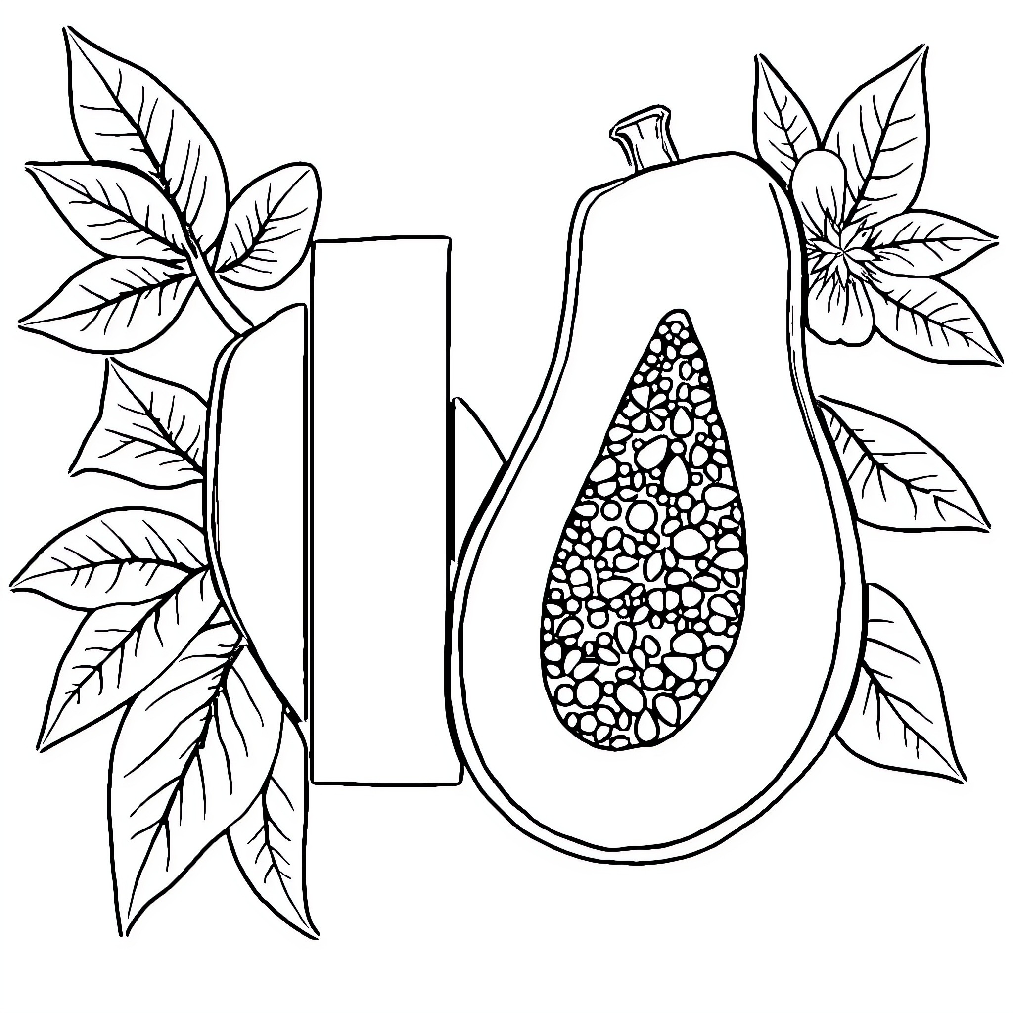 Papaya fruit and leaves in outline art Coloring Page (free black-and-white line drawing printable PDF for all, from beginners to advanced learners, including children, teens, adults, and seniors)