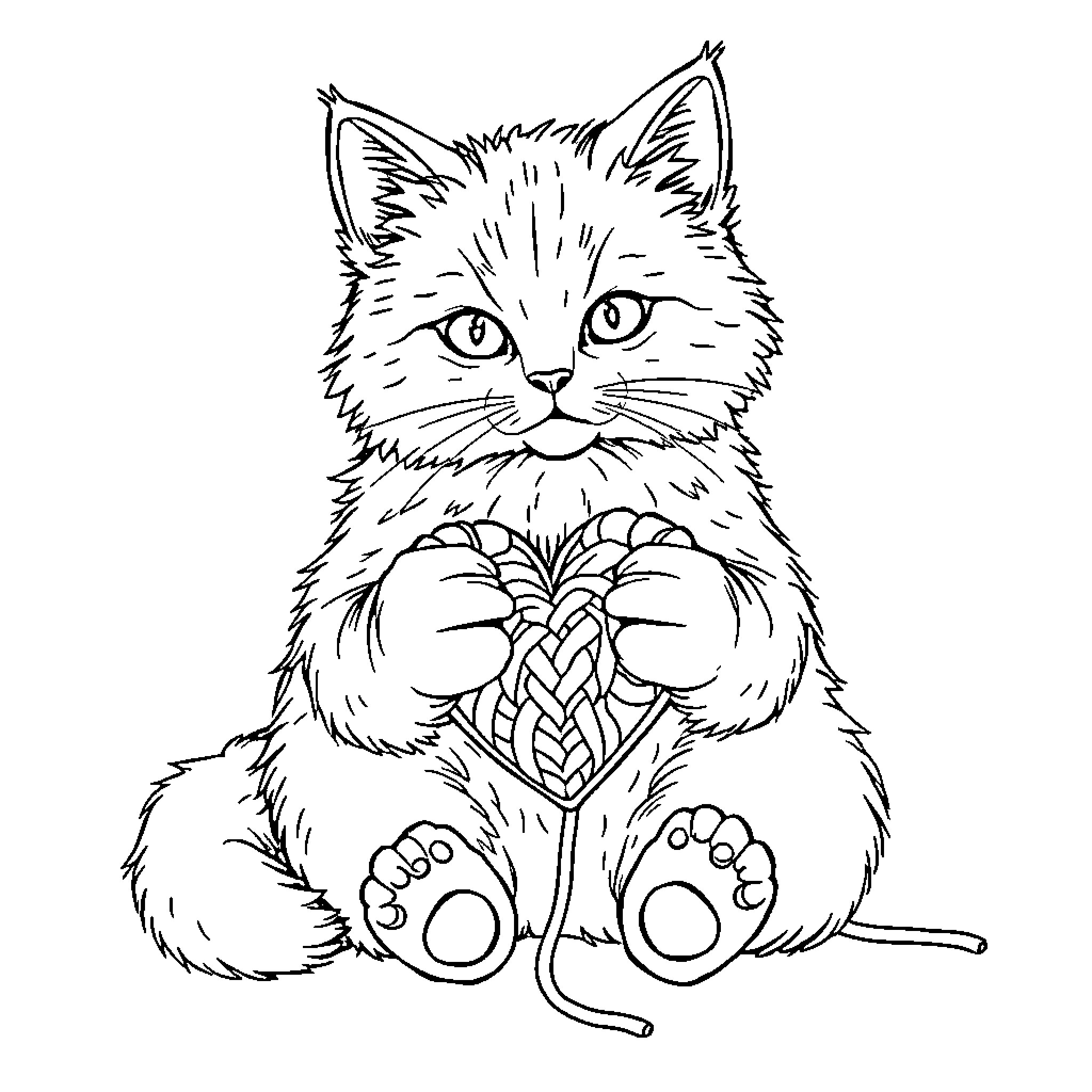 Cat with Yarn Ball Sitting Calmly Coloring Page (free black-and-white line drawing printable PDF for all, from beginners to advanced learners, including children, teens, adults, and seniors)