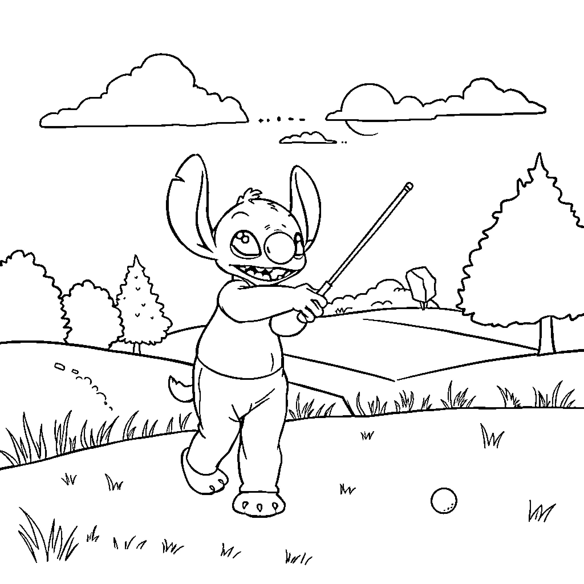Stitch playing with magic wand in the park Coloring Page (free black-and-white line drawing printable PDF for all, from beginners to advanced learners, including children, teens, adults, and seniors)