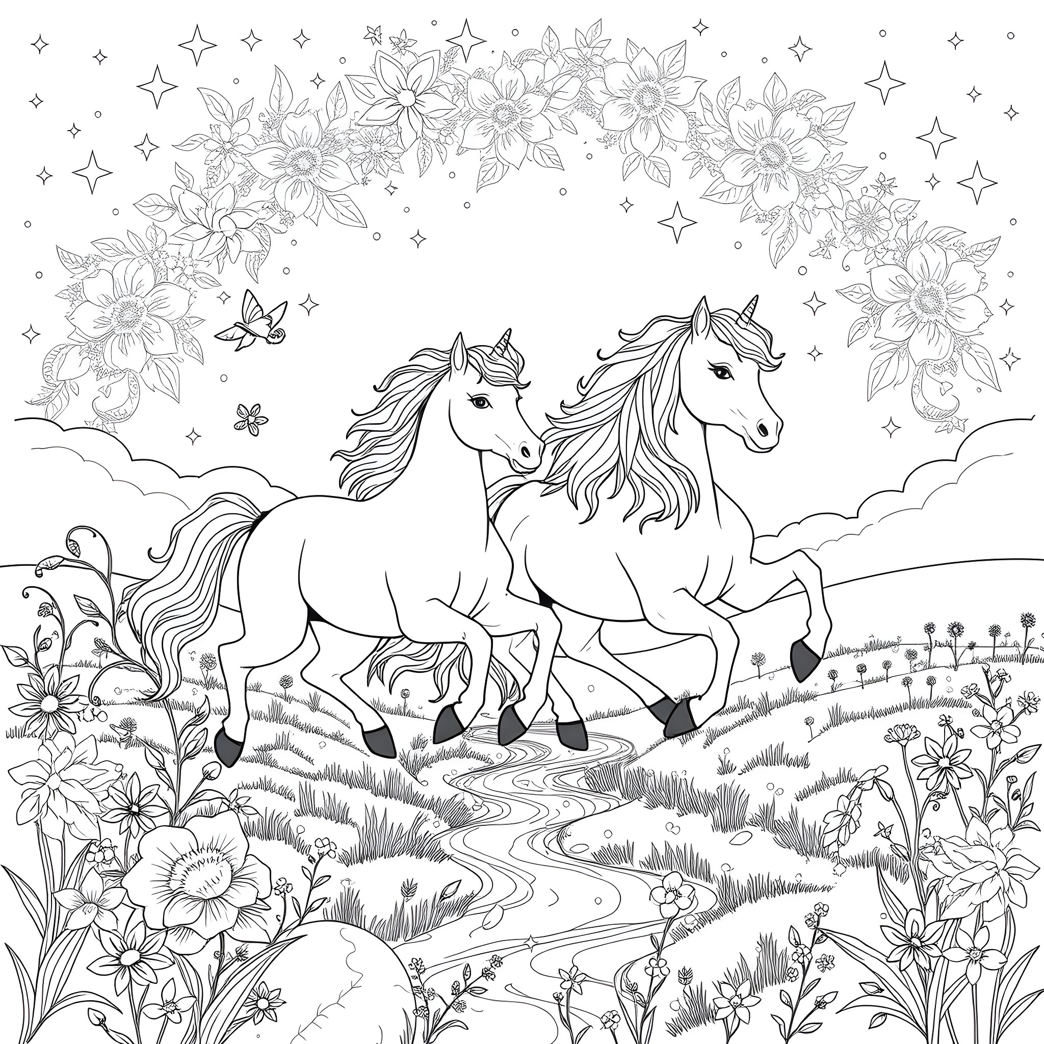 Unicorn Galloping Through the Enchanted Floral Meadow Coloring Page (free black-and-white line drawing printable PDF for all, from beginners to advanced learners, including children, teens, adults, and seniors)