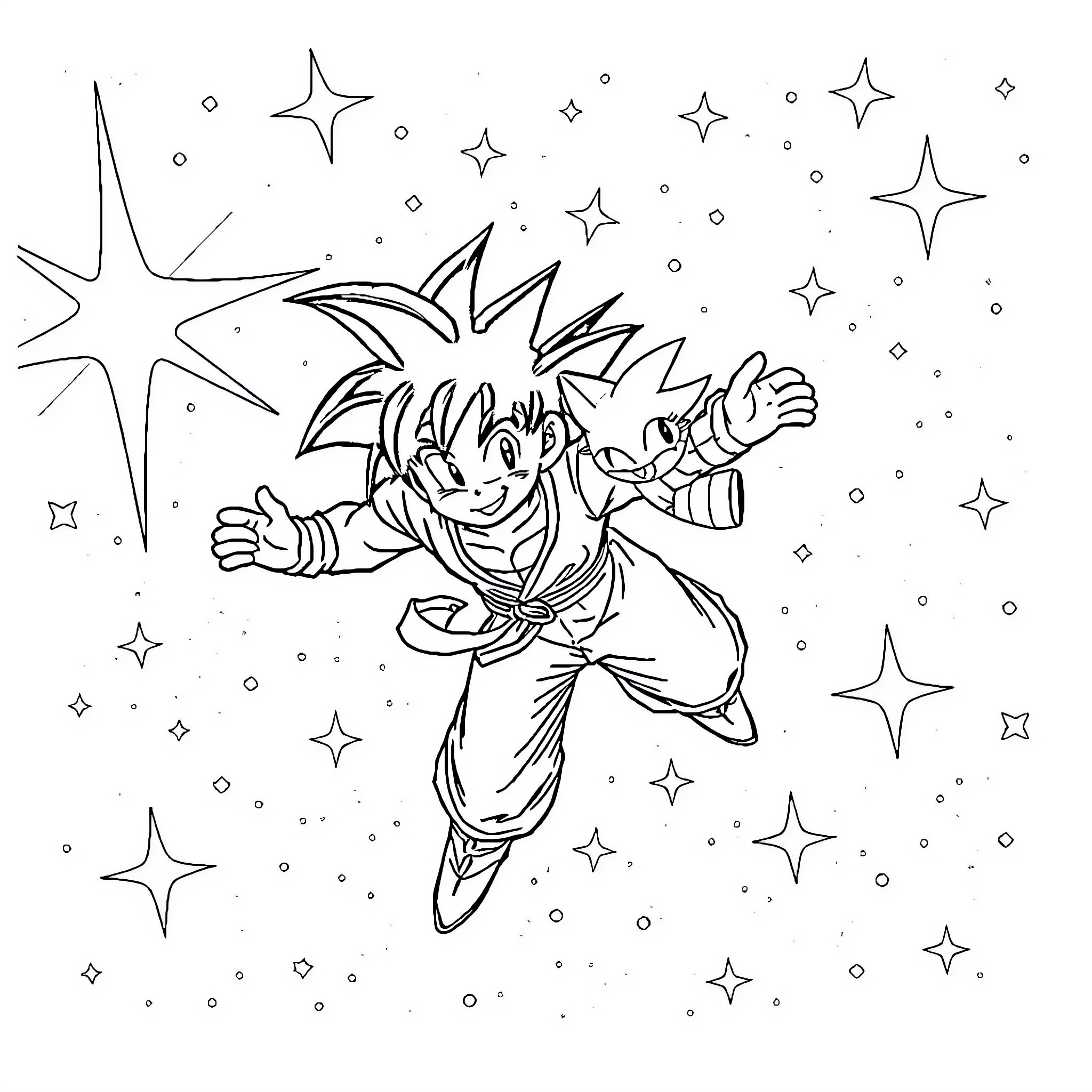 Goku soaring through the starry sky Coloring Page (free black-and-white line drawing printable PDF for all, from beginners to advanced learners, including children, teens, adults, and seniors)