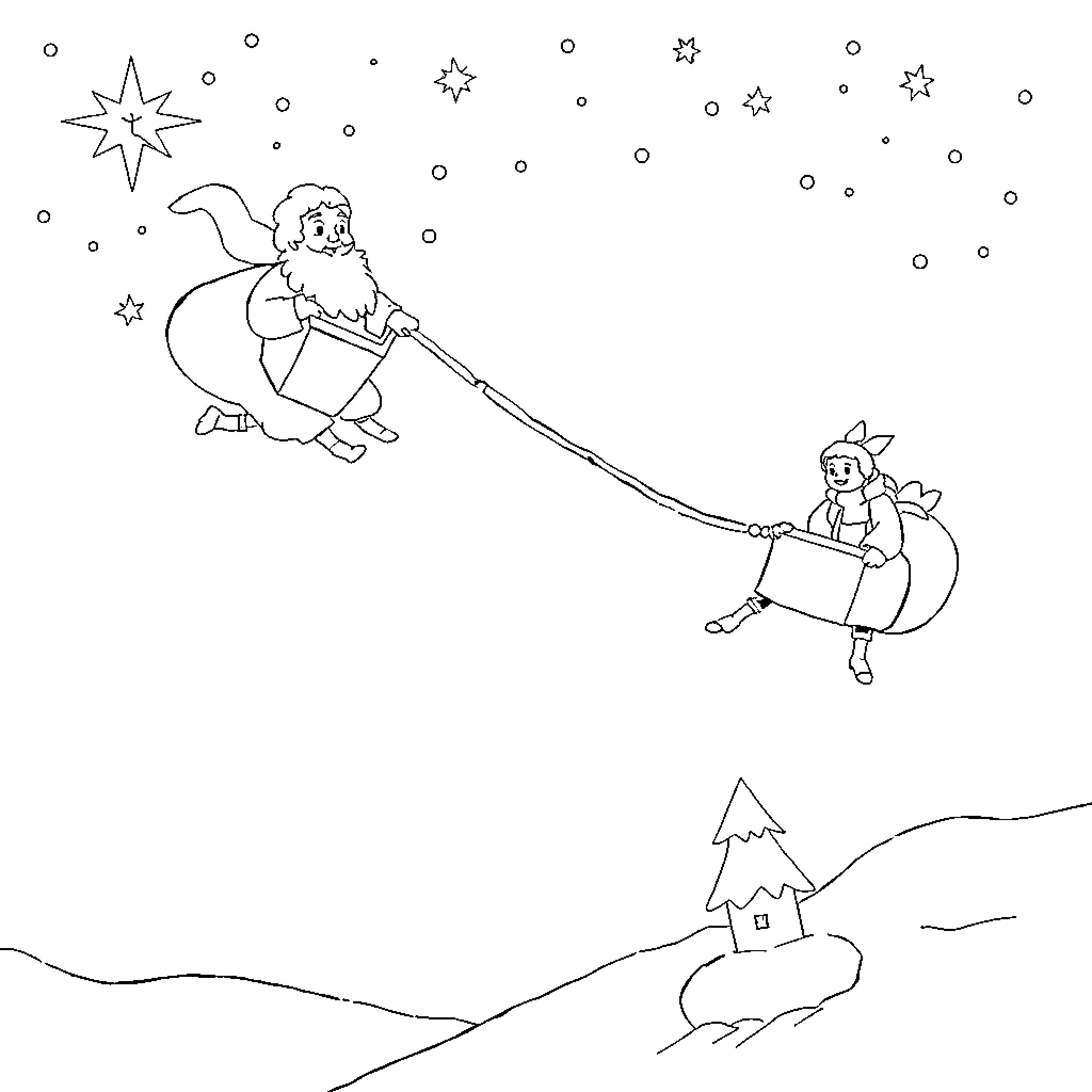 Santa Claus delivering gifts in a snowy landscape Coloring Page (free black-and-white line drawing printable PDF for all, from beginners to advanced learners, including children, teens, adults, and seniors)