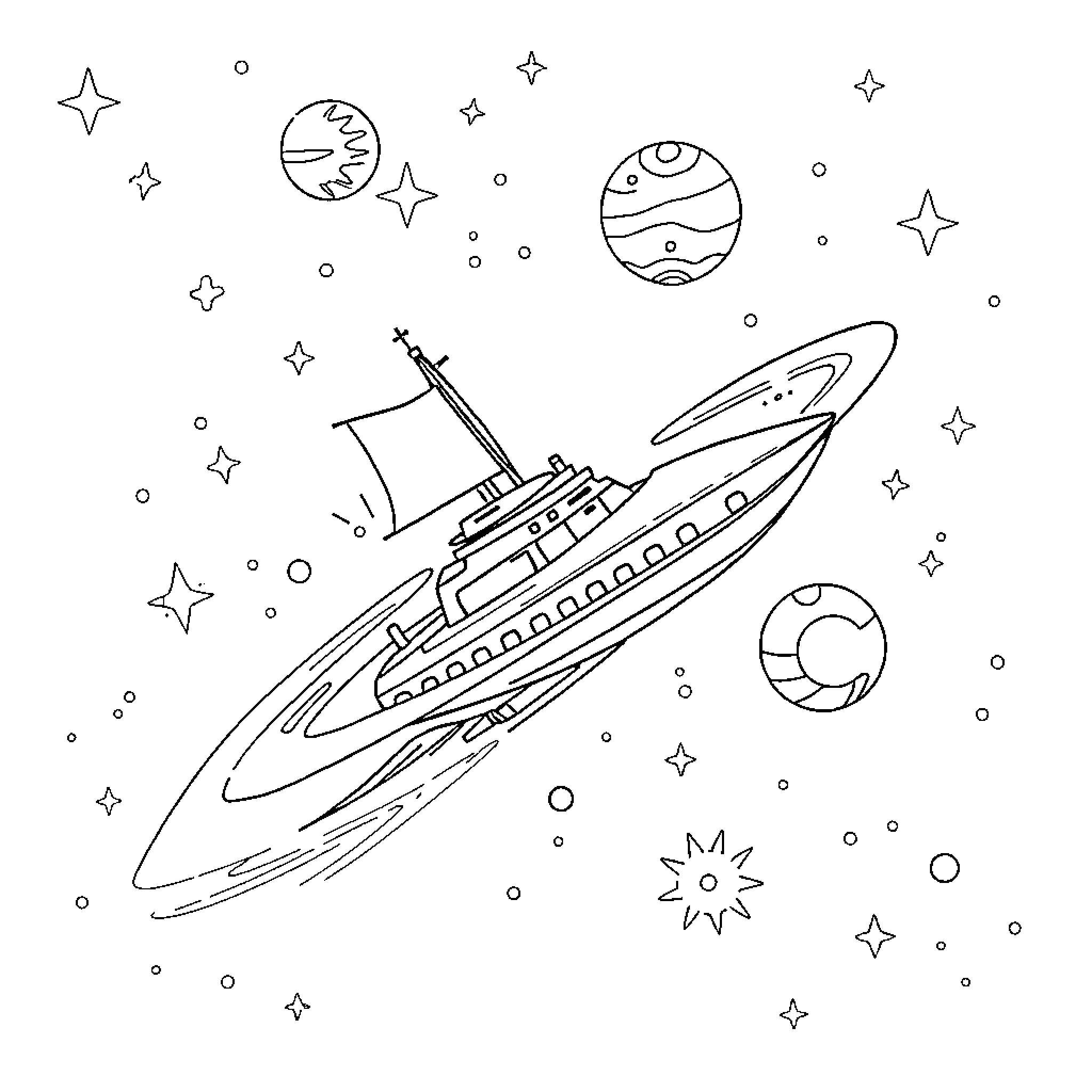 Spaceship soaring through the cosmic landscape Coloring Page (free black-and-white line drawing printable PDF for all, from beginners to advanced learners, including children, teens, adults, and seniors)