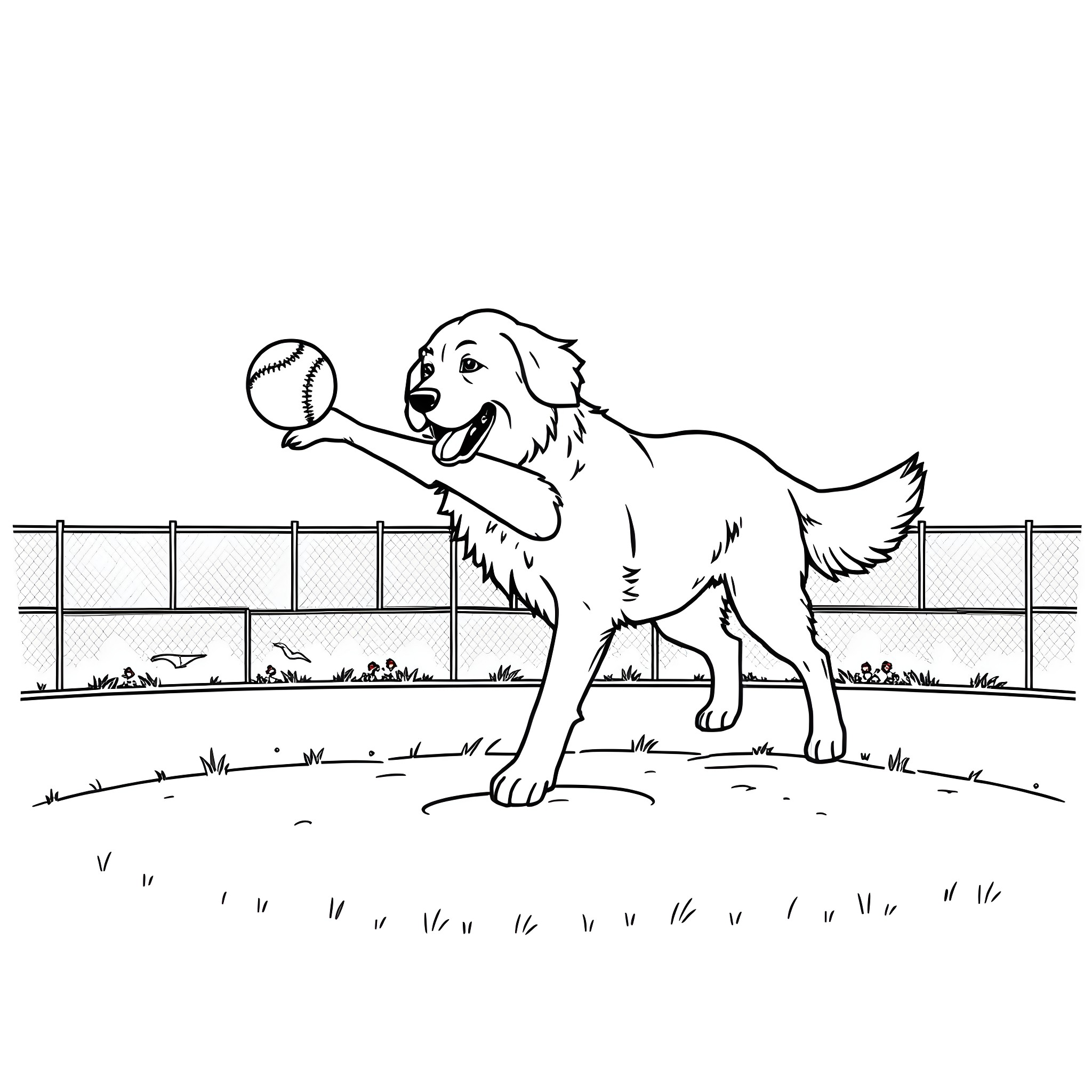 Golden Retriever playing with a ball on the field Coloring Page (free black-and-white line drawing printable PDF for all, from beginners to advanced learners, including children, teens, adults, and seniors)