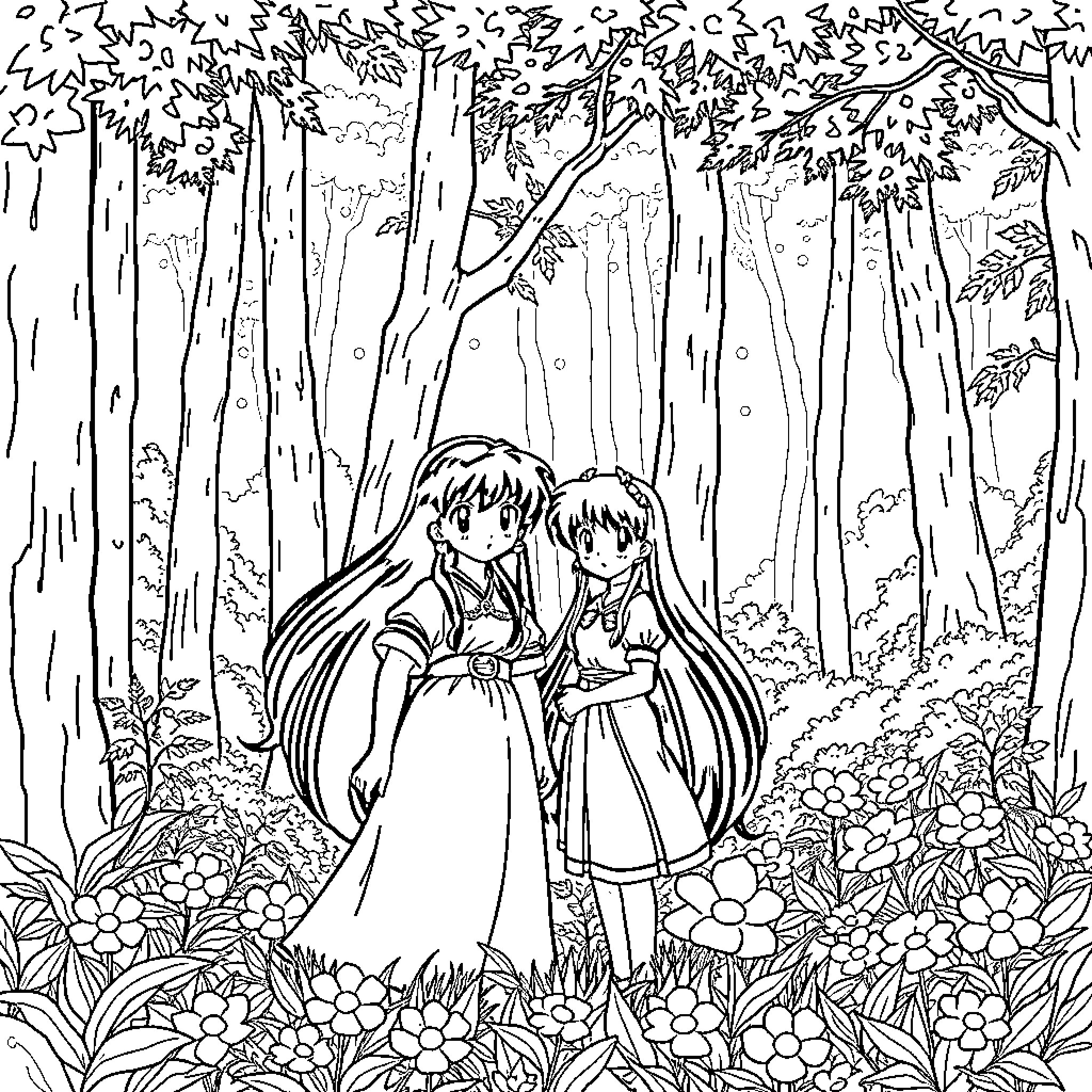 Inuyasha and Kagome in a Serene Forest Coloring Page (free black-and-white line drawing printable PDF for all, from beginners to advanced learners, including children, teens, adults, and seniors)