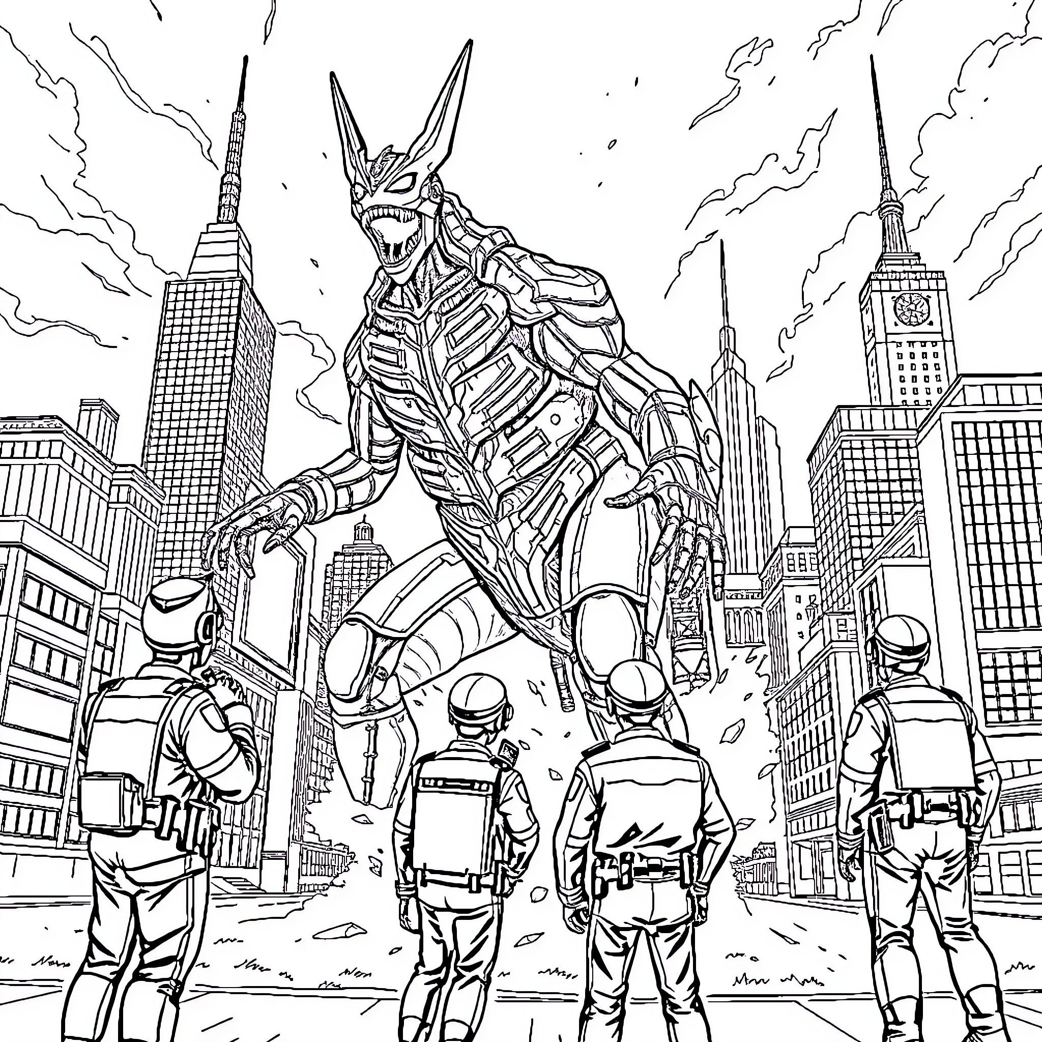 Ultraman battles giant monster in futuristic city Coloring Page (free black-and-white line drawing printable PDF for all, from beginners to advanced learners, including children, teens, adults, and seniors)