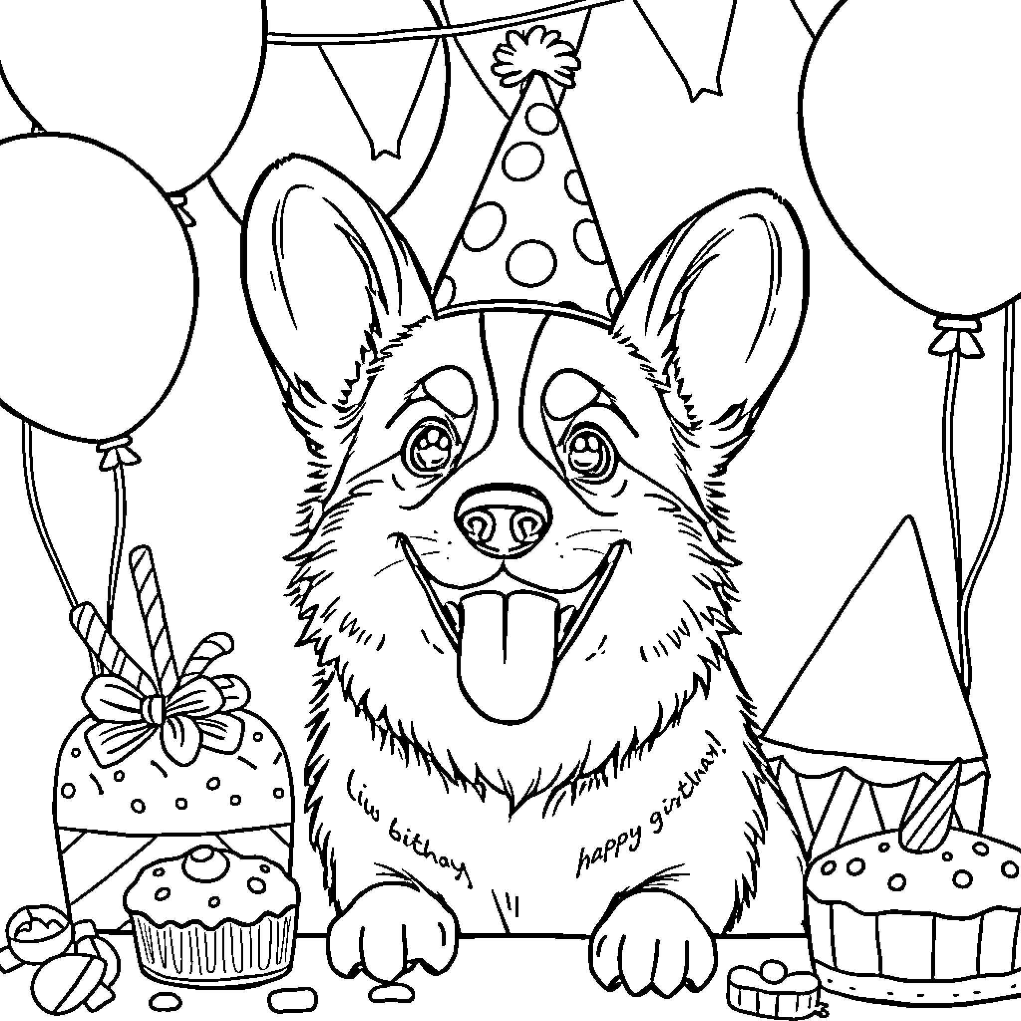 Corgi celebrating a birthday party with balloons and cupcakes Coloring Page (free black-and-white line drawing printable PDF for all, from beginners to advanced learners, including children, teens, adults, and seniors)