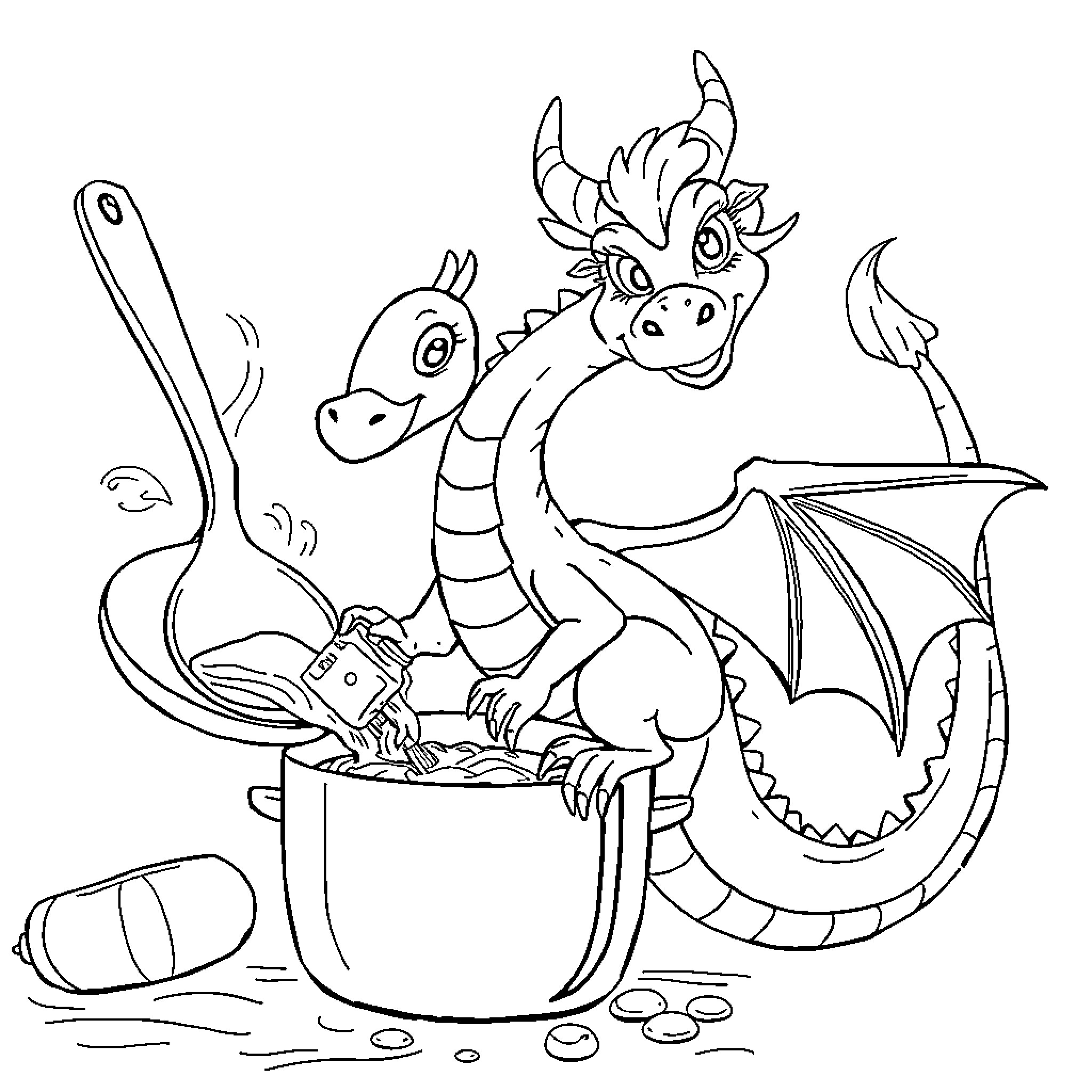 Dragon enjoying a treasure trove of delights Coloring Page (free black-and-white line drawing printable PDF for all, from beginners to advanced learners, including children, teens, adults, and seniors)