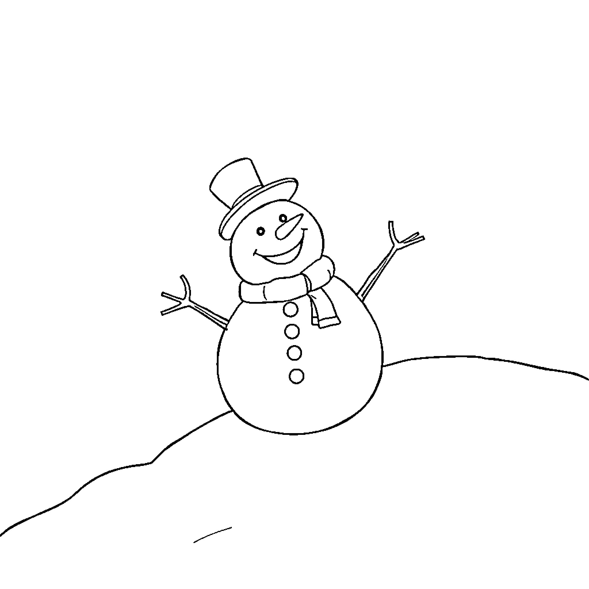 Snowman waving in the snowy landscape Coloring Page (free black-and-white line drawing printable PDF for all, from beginners to advanced learners, including children, teens, adults, and seniors)