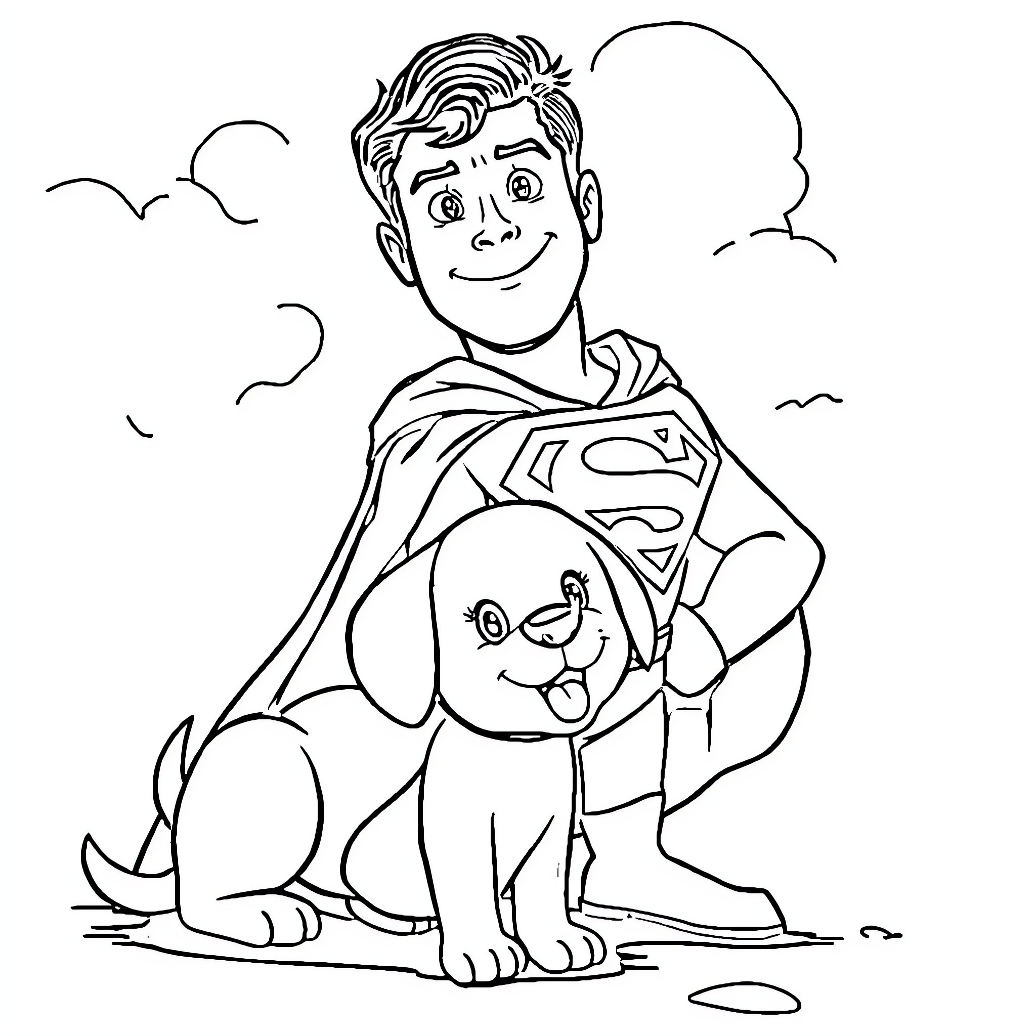 Bluey and his superhero dog companion Coloring Page (free black-and-white line drawing printable PDF for all, from beginners to advanced learners, including children, teens, adults, and seniors)