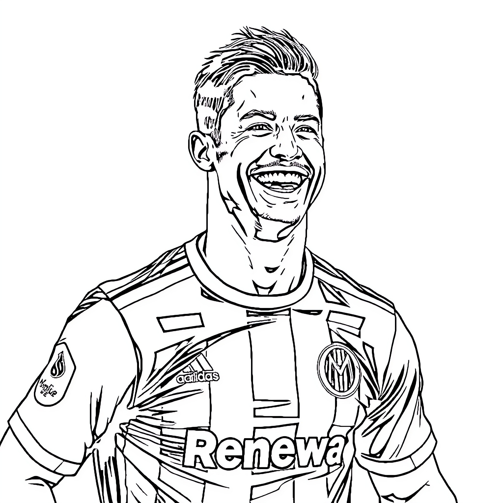Ronaldo Celebrating Joyfully in Sports Uniform Coloring Page (free black-and-white line drawing printable PDF for all, from beginners to advanced learners, including children, teens, adults, and seniors)