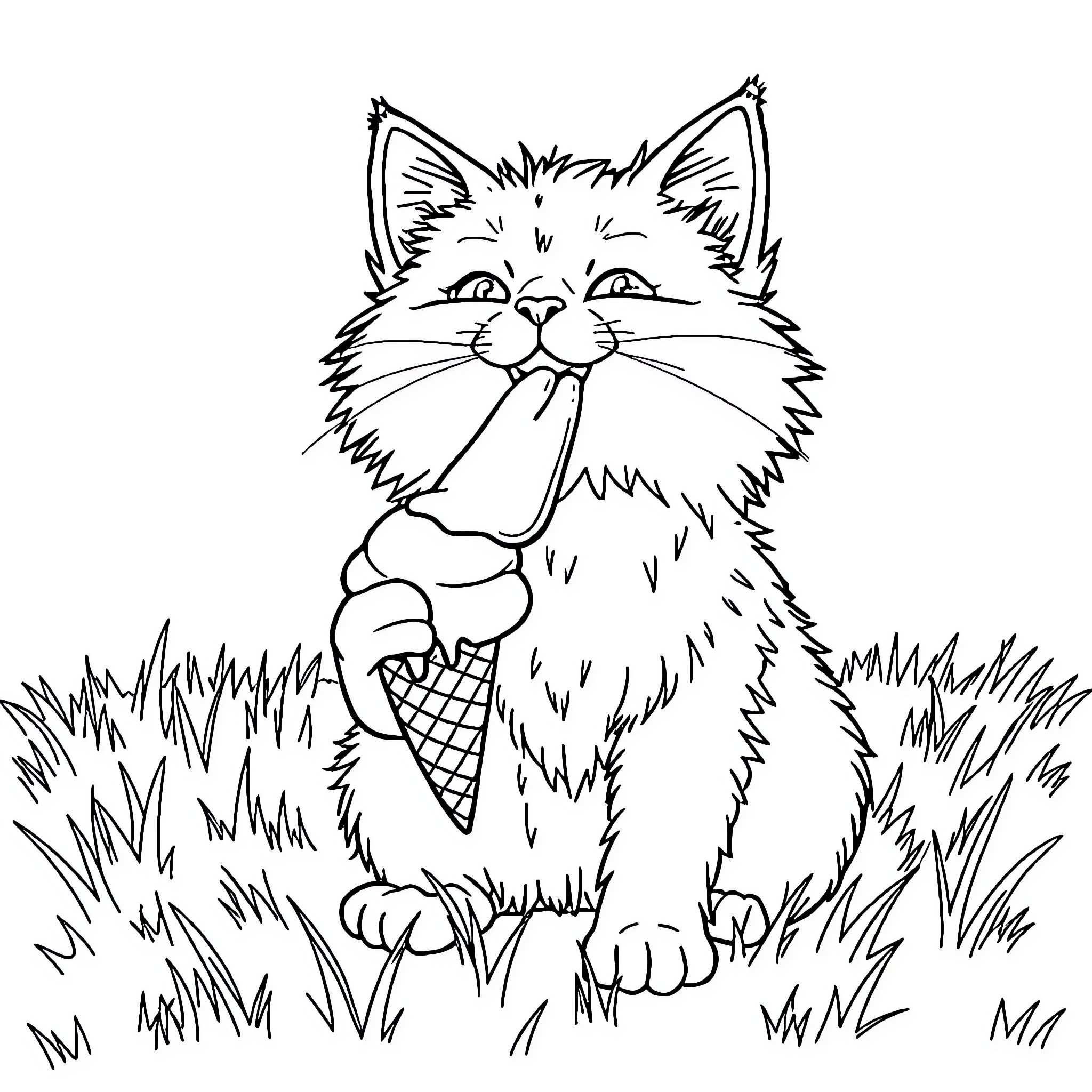 Cat enjoying an ice cream cone in a grassy field Coloring Page (free black-and-white line drawing printable PDF for all, from beginners to advanced learners, including children, teens, adults, and seniors)