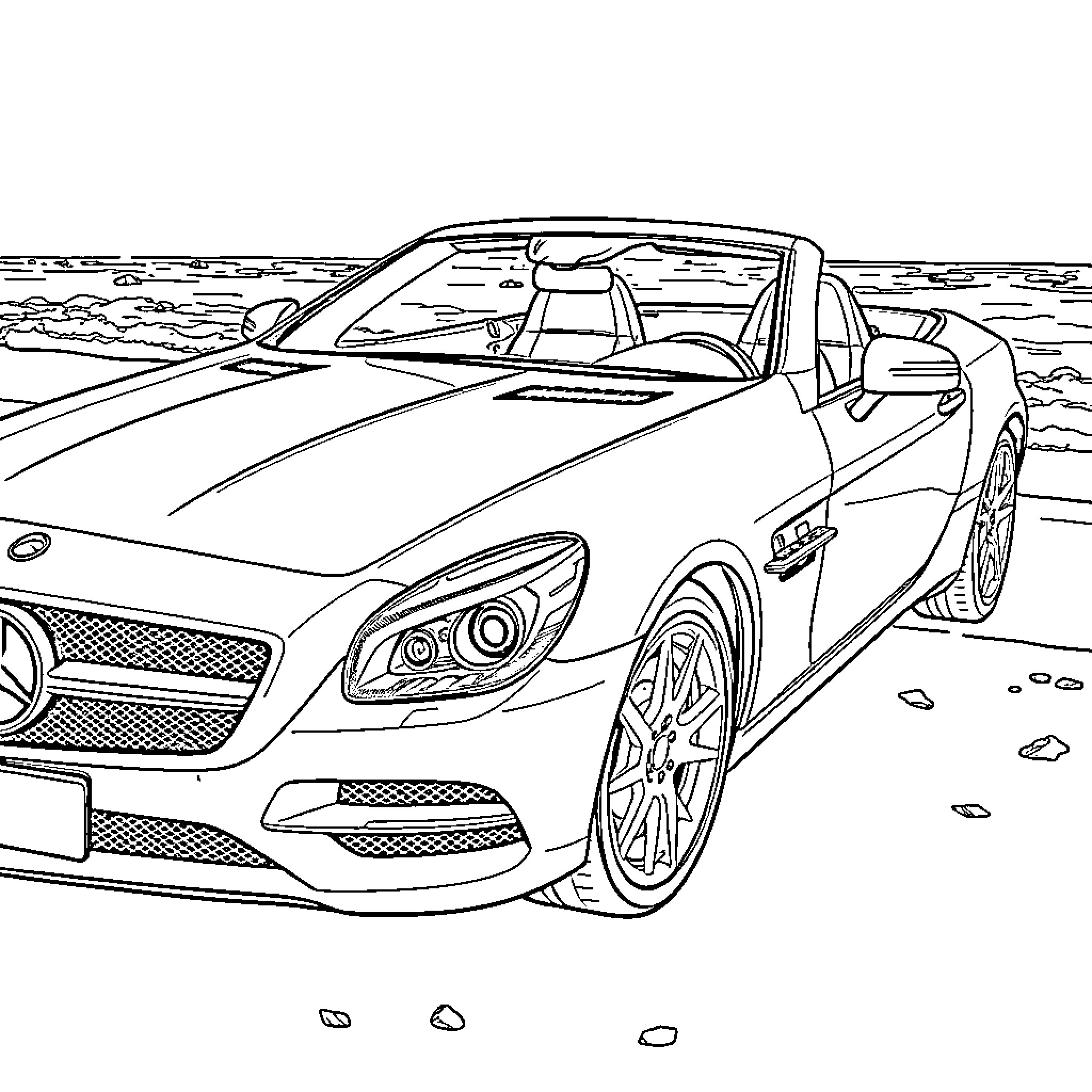 Cabrio sports car enjoying the open road Coloring Page (free black-and-white line drawing printable PDF for all, from beginners to advanced learners, including children, teens, adults, and seniors)