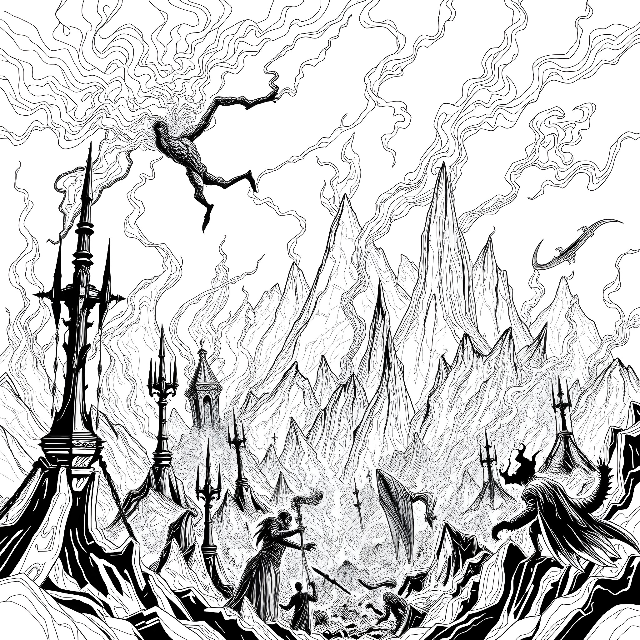 Hell's Fiery Realm of Chaos and Destruction Coloring Page (free black-and-white line drawing printable PDF for all, from beginners to advanced learners, including children, teens, adults, and seniors)