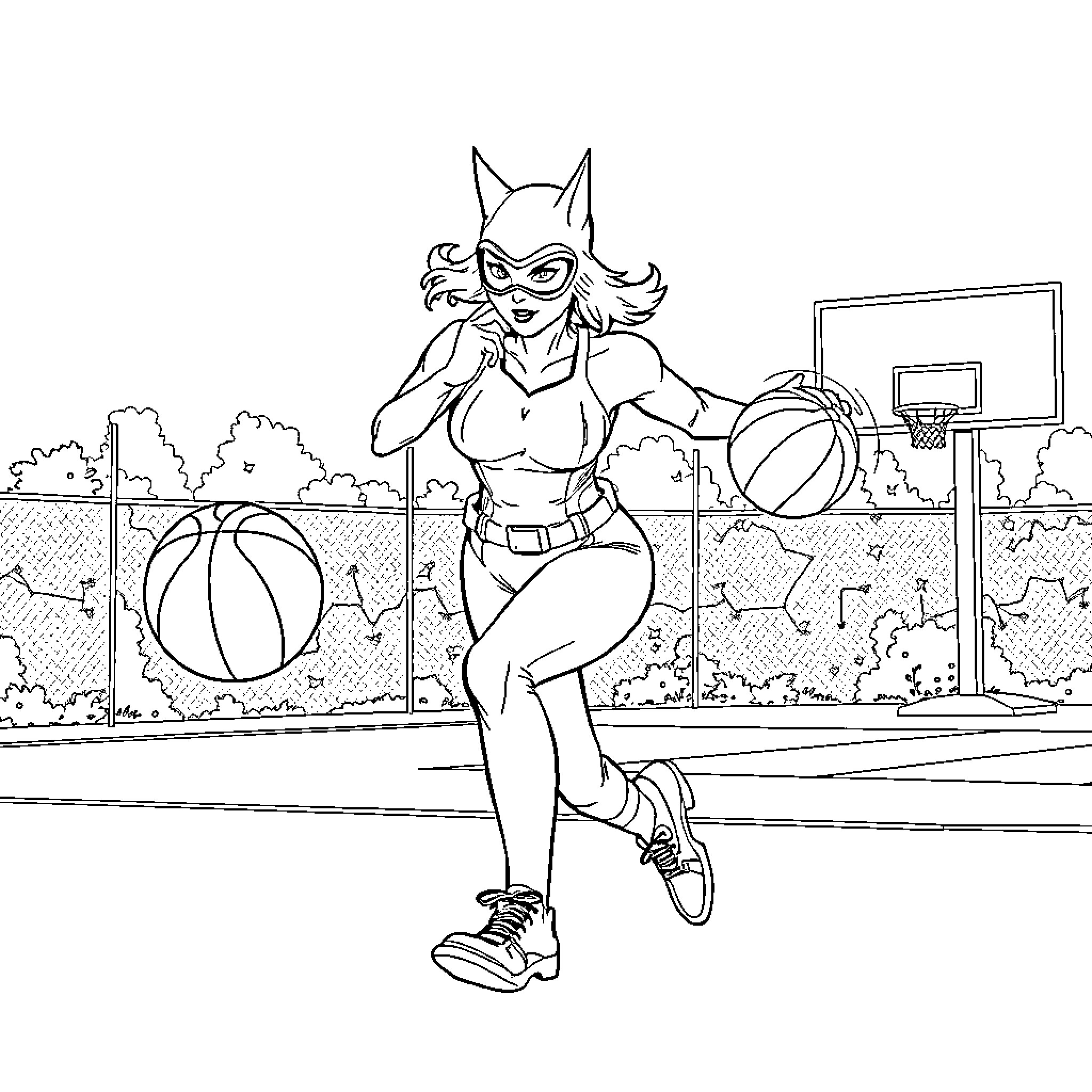 Catwoman playing basketball on the court Coloring Page (free black-and-white line drawing printable PDF for all, from beginners to advanced learners, including children, teens, adults, and seniors)