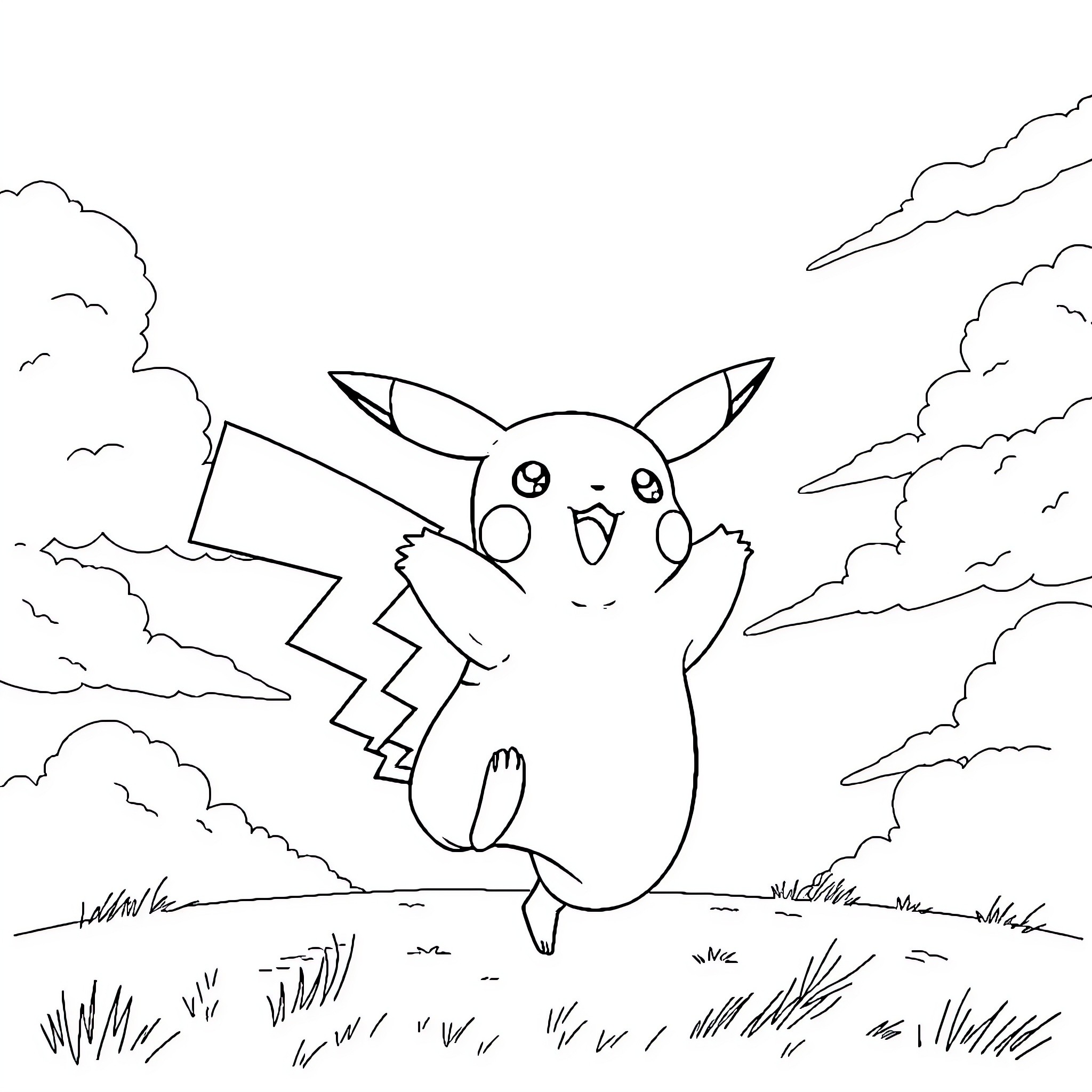 Pikachu enjoying a peaceful day in nature Coloring Page (free black-and-white line drawing printable PDF for all, from beginners to advanced learners, including children, teens, adults, and seniors)