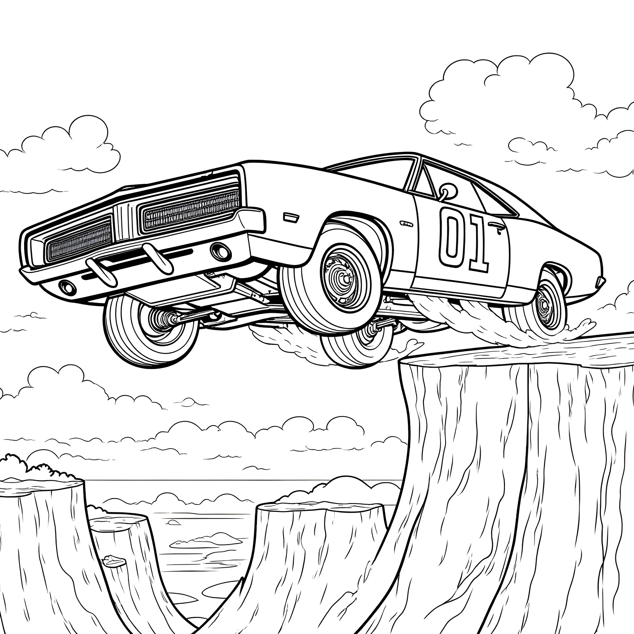 General Lee Jumping over Cliff in Dramatic Stunt Coloring Page (free black-and-white line drawing printable PDF for all, from beginners to advanced learners, including children, teens, adults, and seniors)